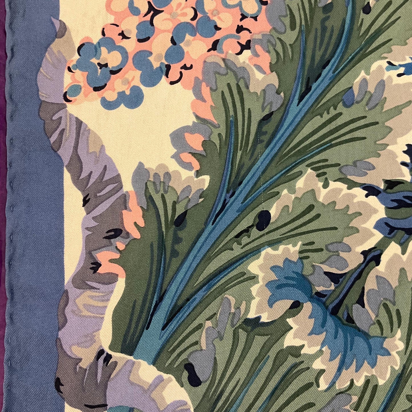 Vintage Liberty of London 1980s large Italian Pure Silk Floral Scarf, oversized floral in shades of blue , pink and green , hand rolled