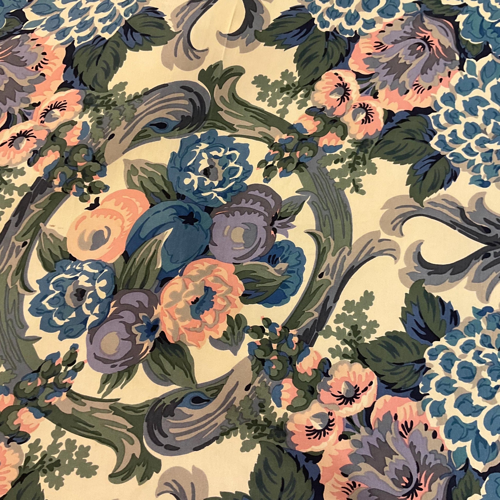 Vintage Liberty of London 1980s large Italian Pure Silk Floral Scarf, oversized floral in shades of blue , pink and green , hand rolled