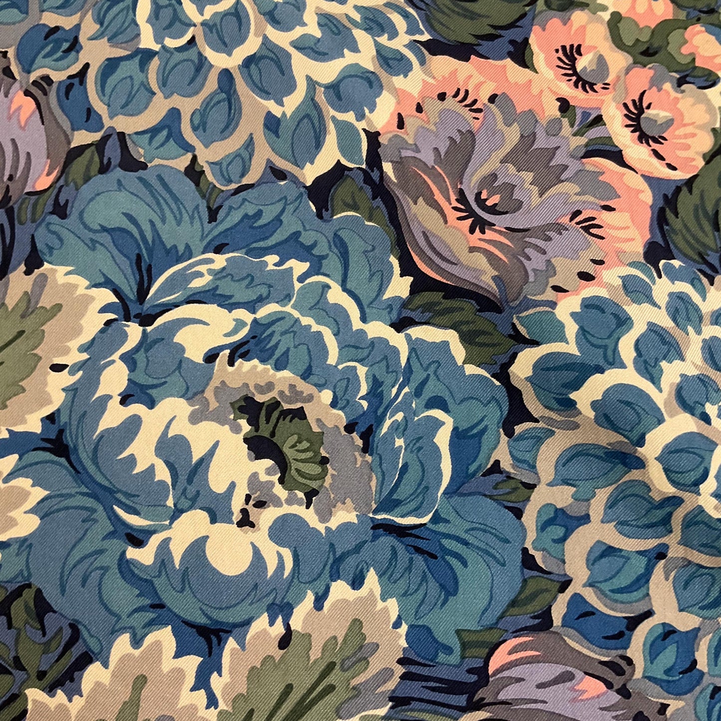 Vintage Liberty of London 1980s large Italian Pure Silk Floral Scarf, oversized floral in shades of blue , pink and green , hand rolled