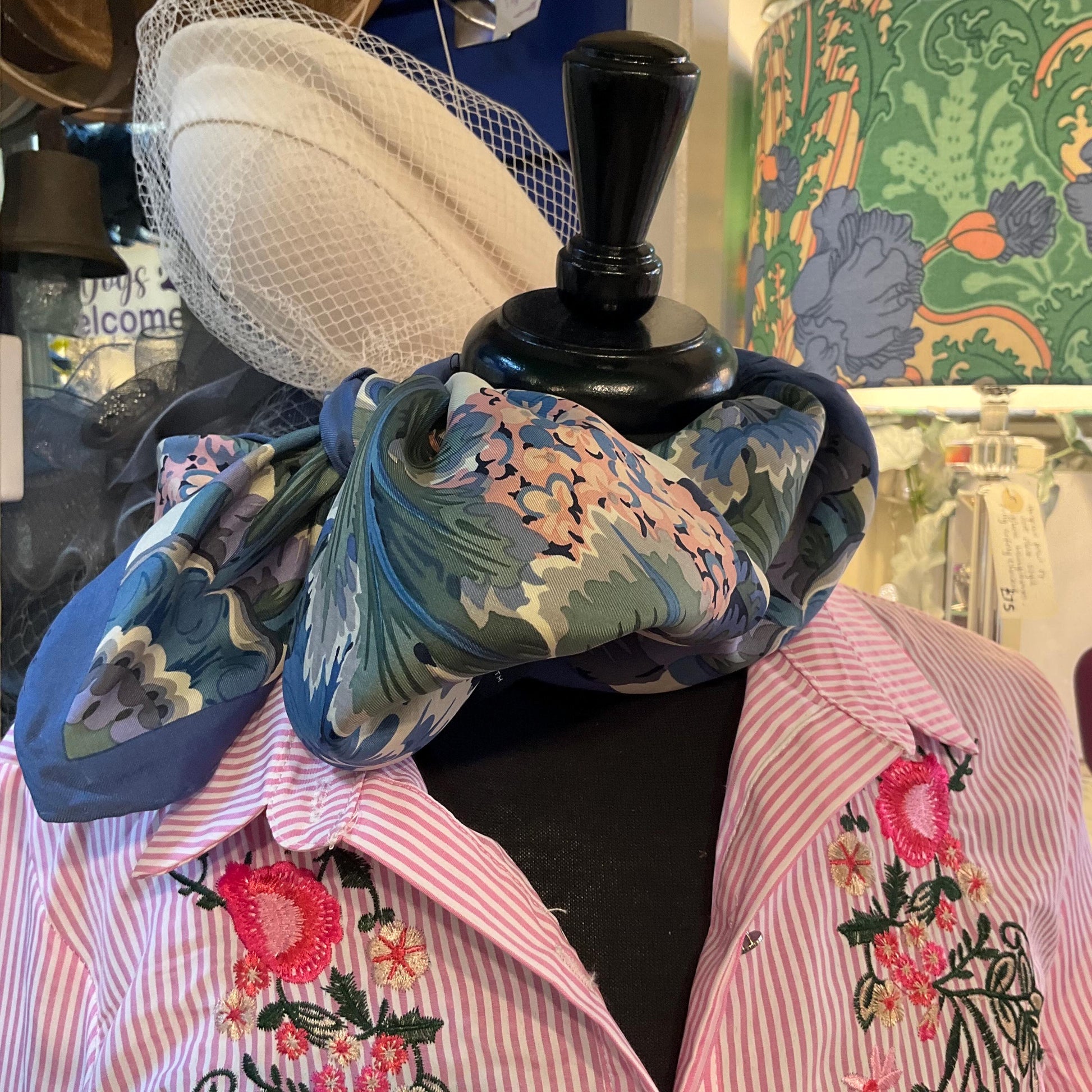 Vintage Liberty of London 1980s large Italian Pure Silk Floral Scarf, oversized floral in shades of blue , pink and green , hand rolled