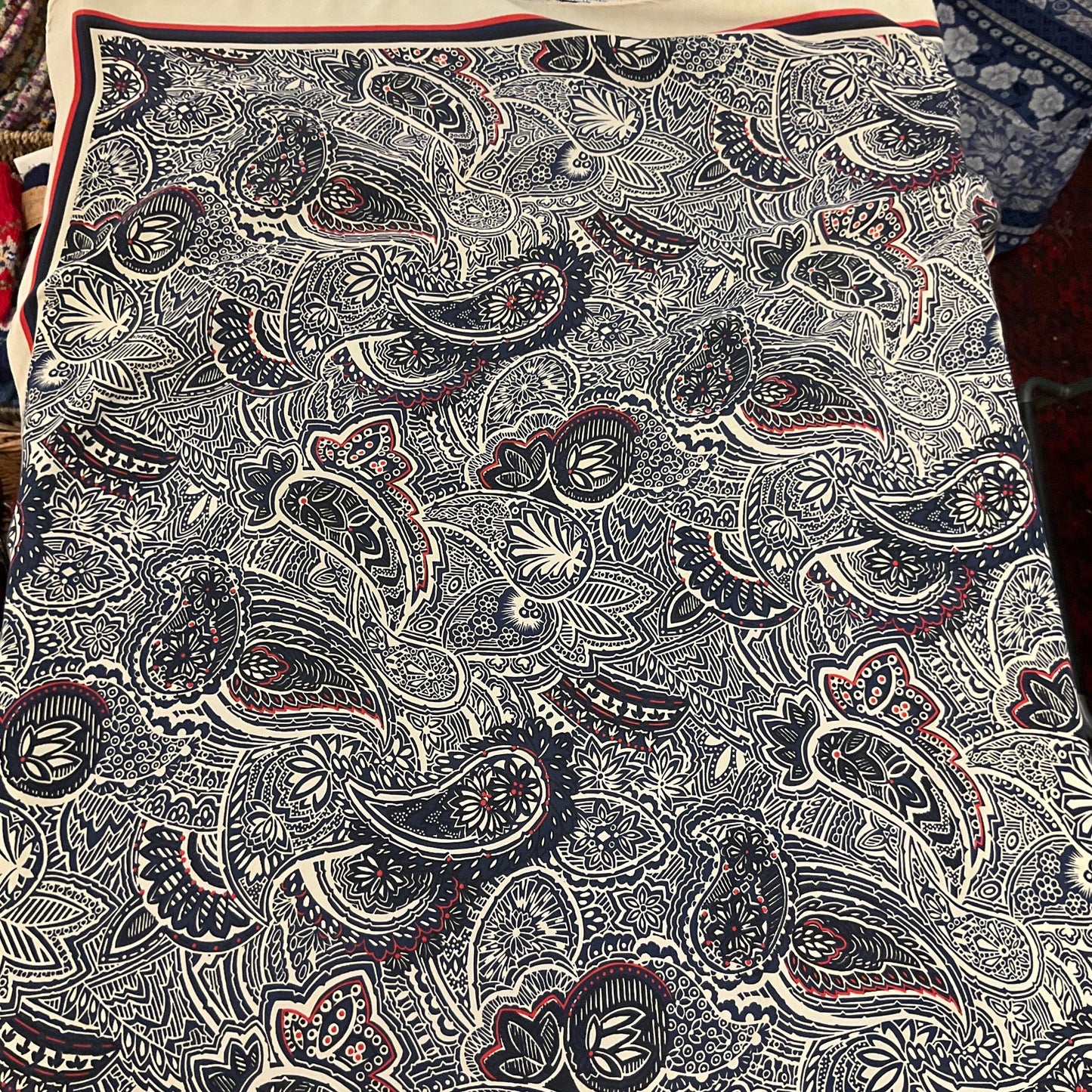 Vintage 1980s Large JAEGER Pure Silk Paisley Scarf, shades of blue, black, red and Cream
