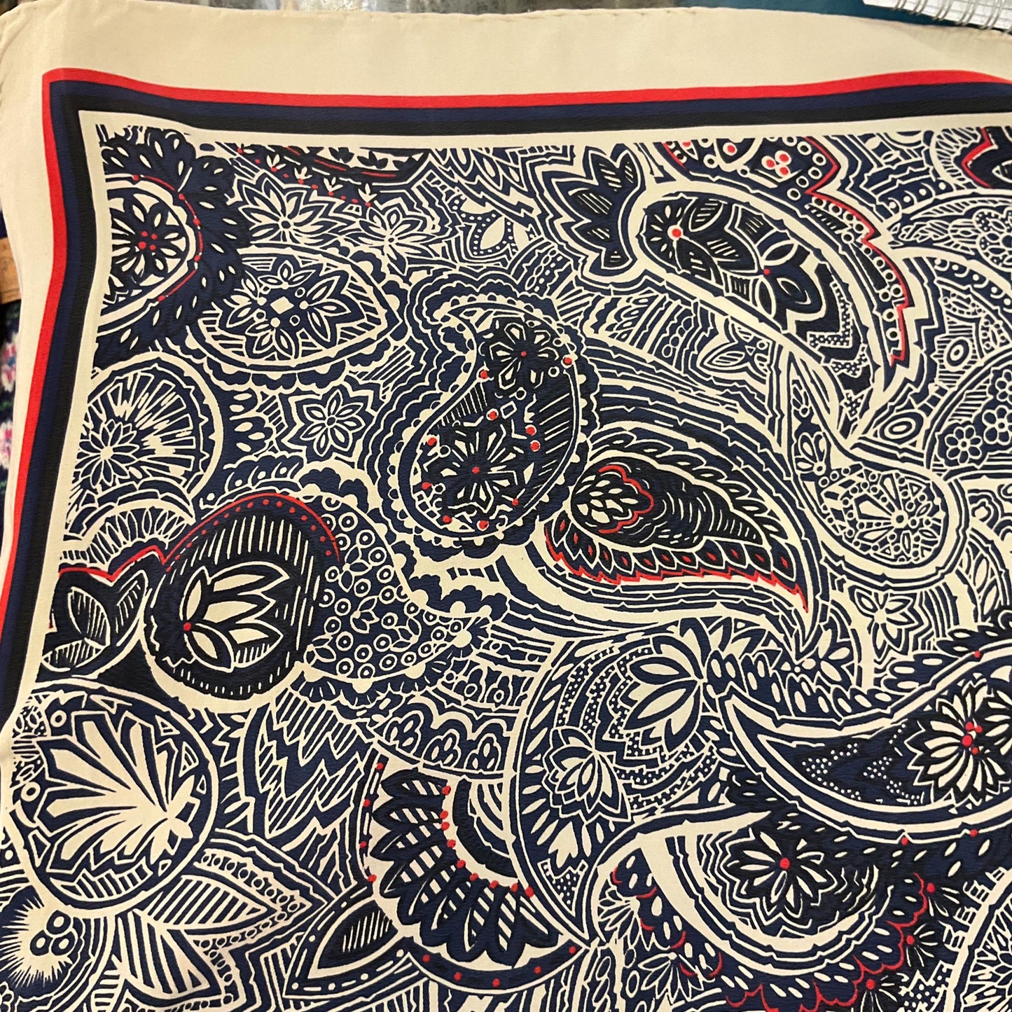 Vintage 1980s Large JAEGER Pure Silk Paisley Scarf, shades of blue, black, red and Cream
