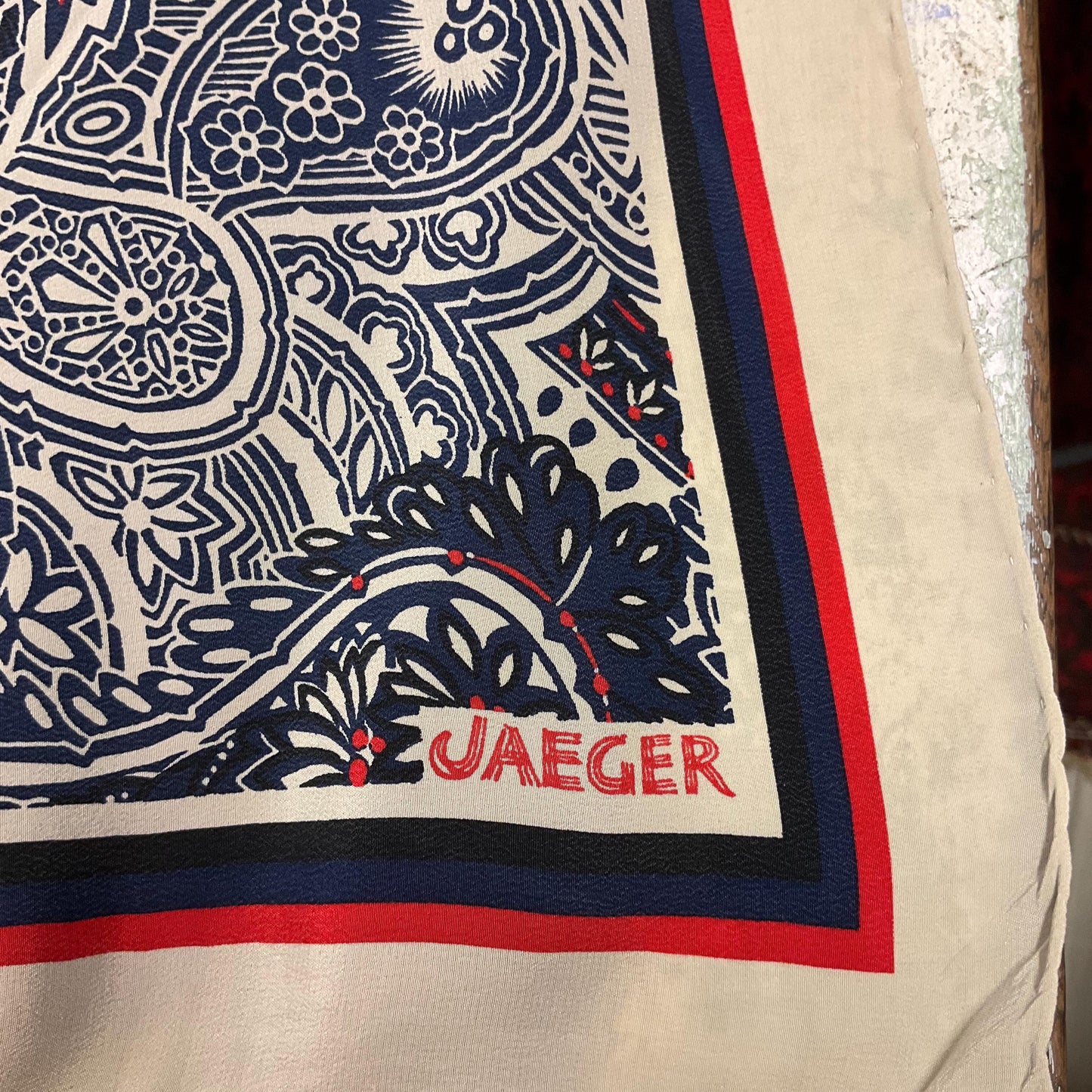 Vintage 1980s Large JAEGER Pure Silk Paisley Scarf, shades of blue, black, red and Cream