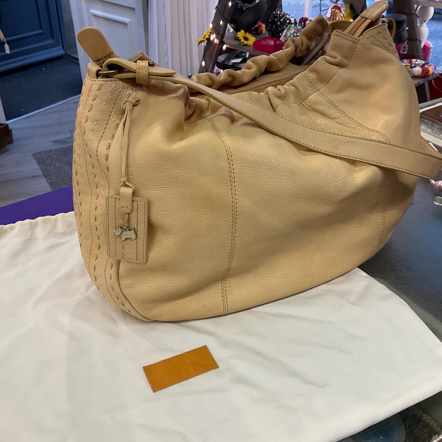 Vintage RADLEY Large Pale Gold Leather Shoulder Bag, pebble textured leather with contrast top stitched details