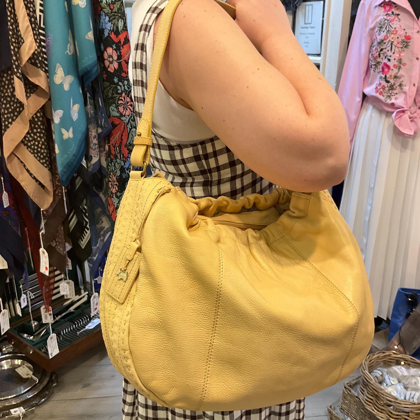Vintage RADLEY Large Pale Gold Leather Shoulder Bag, pebble textured leather with contrast top stitched details