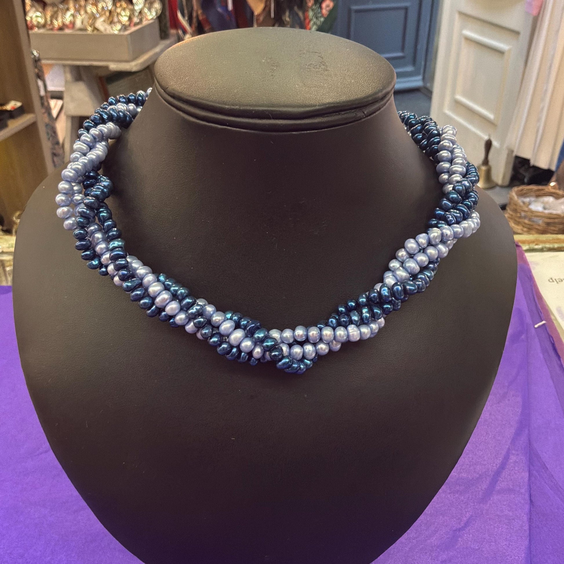 Vintage Fresh Water Pearl Twisted Multistrand Statement Necklace, Irridescent deep and pale blue pearls