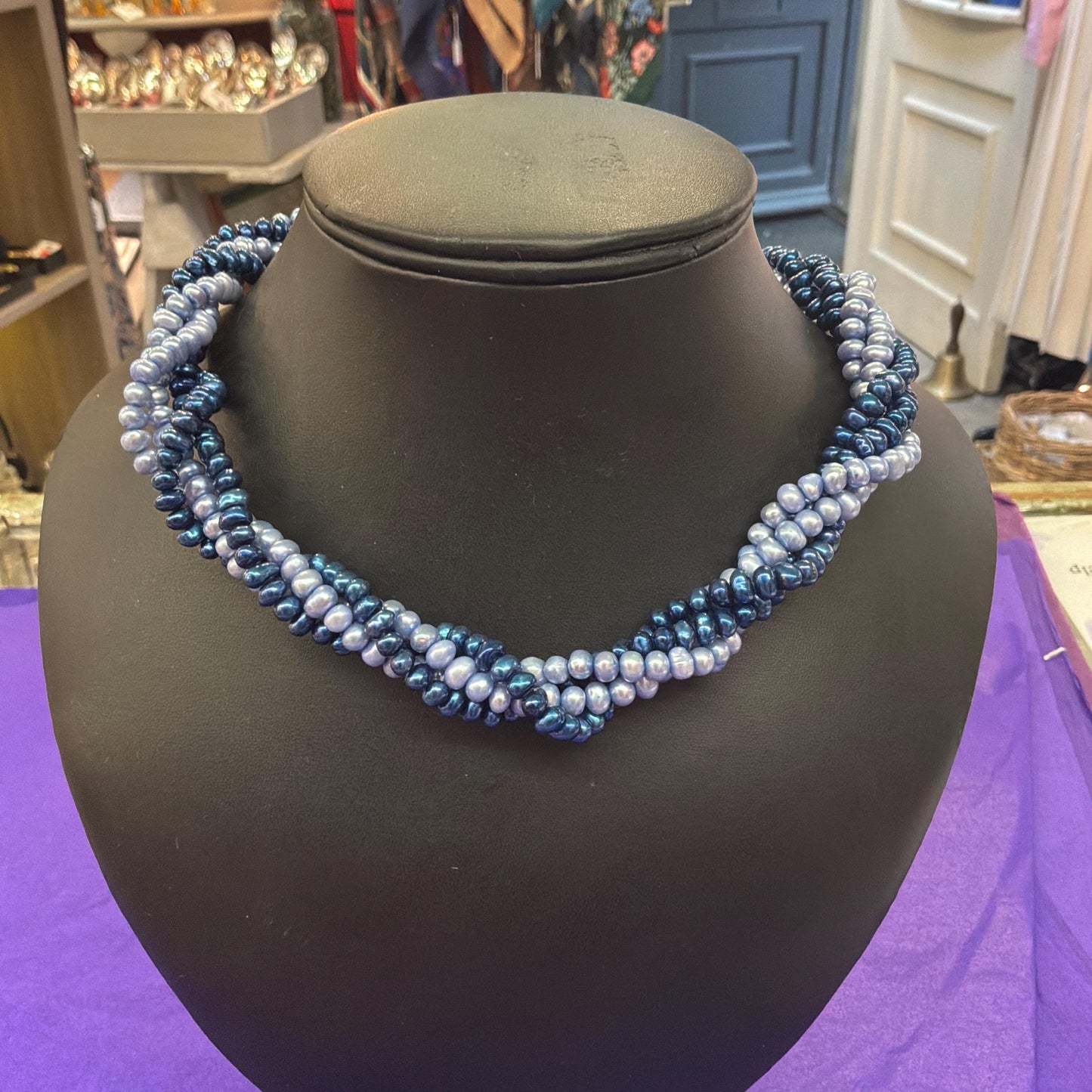 Vintage Fresh Water Pearl Twisted Multistrand Statement Necklace, Irridescent deep and pale blue pearls