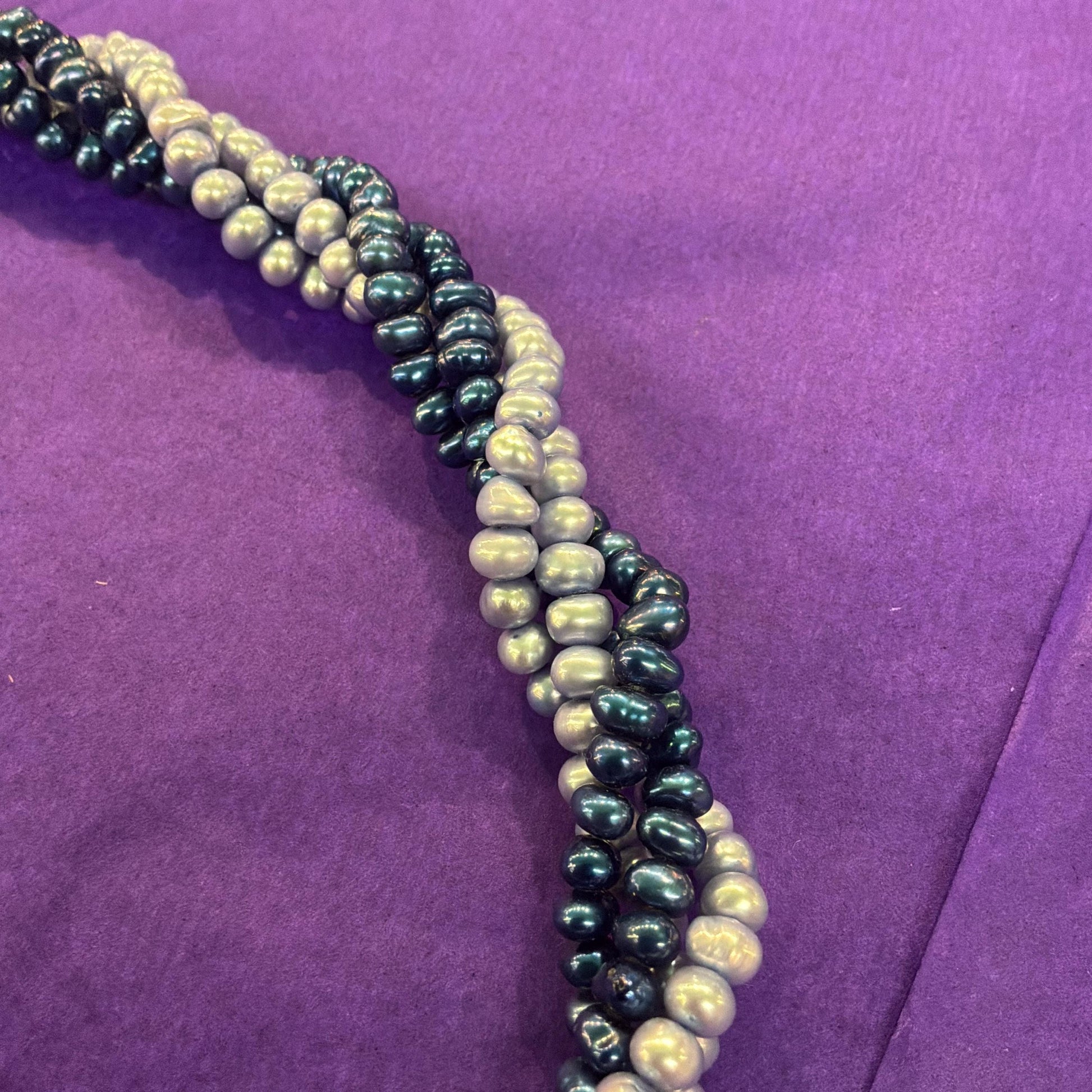 Vintage Fresh Water Pearl Twisted Multistrand Statement Necklace, Irridescent deep and pale blue pearls