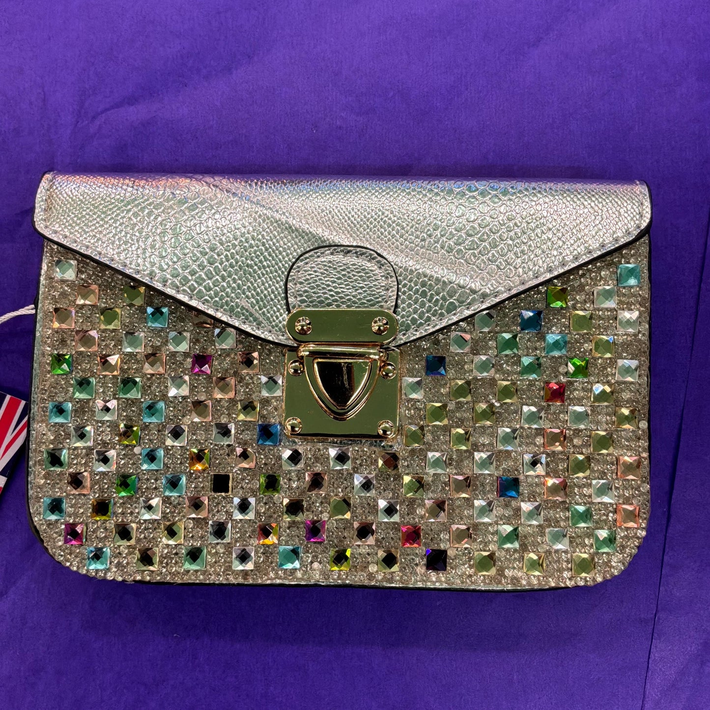 Vintage Crystal Faux Leather Clutch/ Shoulder Bag, silver with multicoloured crystals , unused with original tags