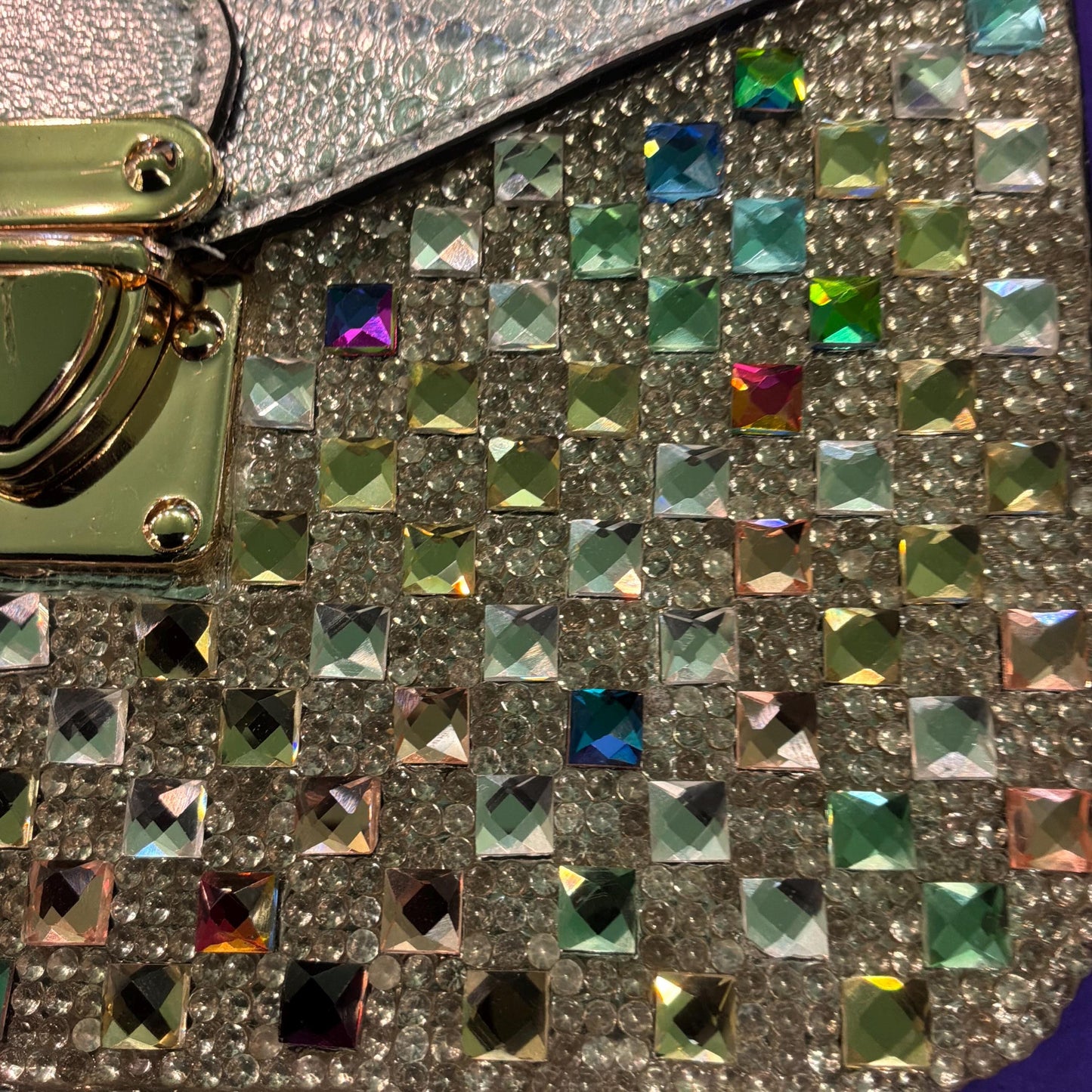 Vintage Crystal Faux Leather Clutch/ Shoulder Bag, silver with multicoloured crystals , unused with original tags