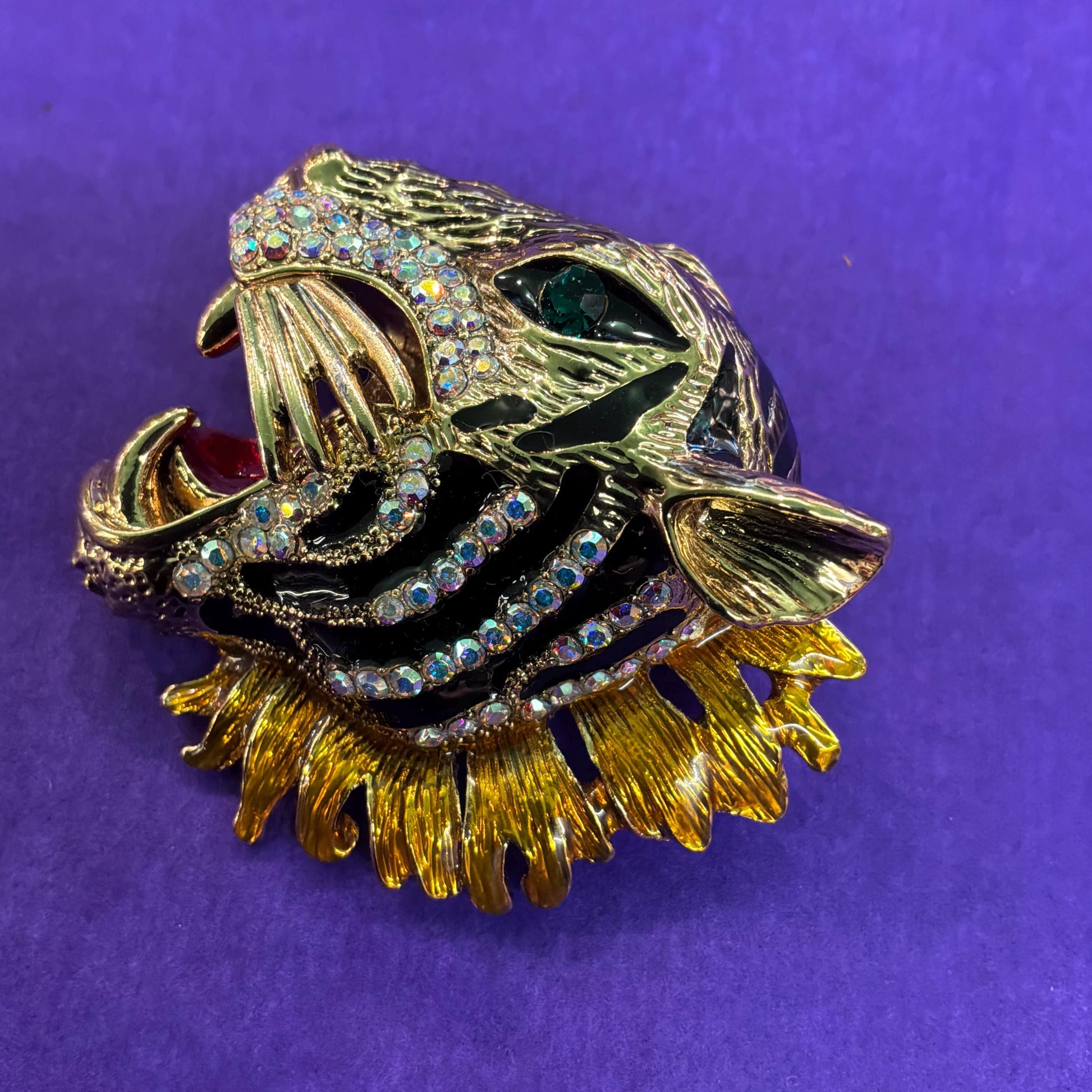 Vintage Butler and Wilson Large Crystal Tigers Head Brooch, Gold tone with Aurora Borealis Rhinestones and Lustre Enamel