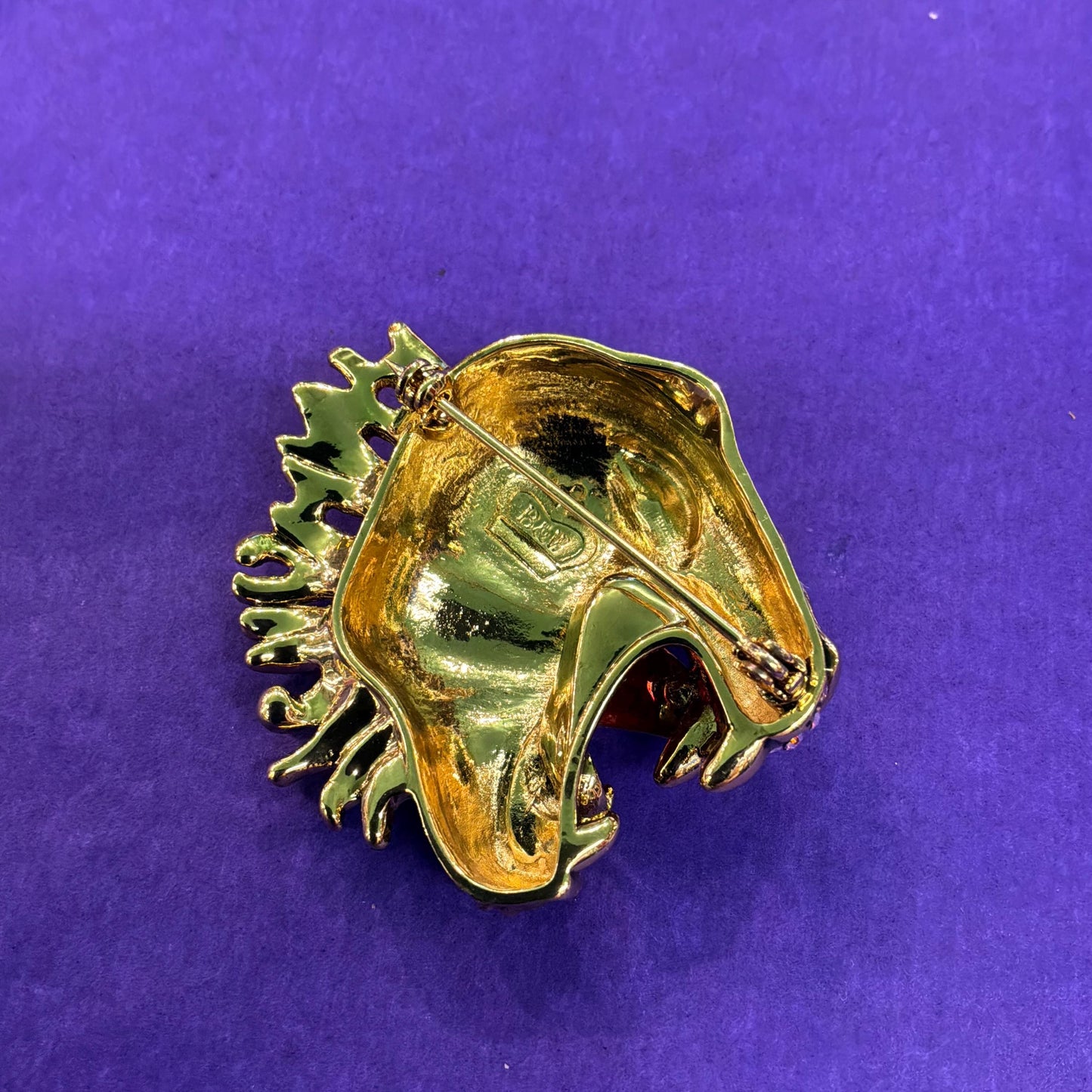 Vintage Butler and Wilson Large Crystal Tigers Head Brooch, Gold tone with Aurora Borealis Rhinestones and Lustre Enamel
