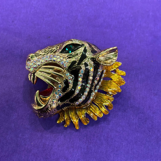 Vintage Butler and Wilson Large Crystal Tigers Head Brooch, Gold tone with Aurora Borealis Rhinestones and Lustre Enamel