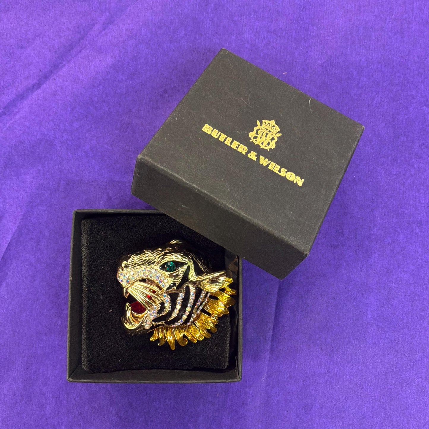 Vintage Butler and Wilson Large Crystal Tigers Head Brooch, Gold tone with Aurora Borealis Rhinestones and Lustre Enamel