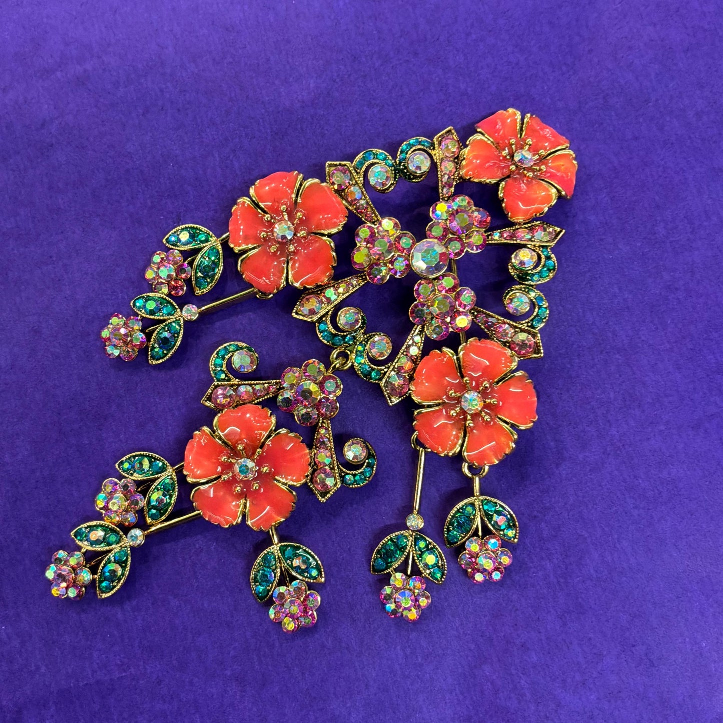 Vintage Butler and Wilson Statement Large Floral Crystal Cascade Brooch, gold tone with Coral Enamel and Borealis Pink and Jade rhinestones