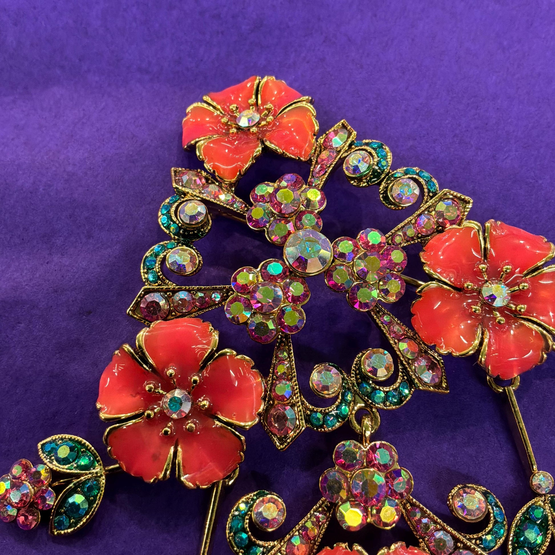Vintage Butler and Wilson Statement Large Floral Crystal Cascade Brooch, gold tone with Coral Enamel and Borealis Pink and Jade rhinestones