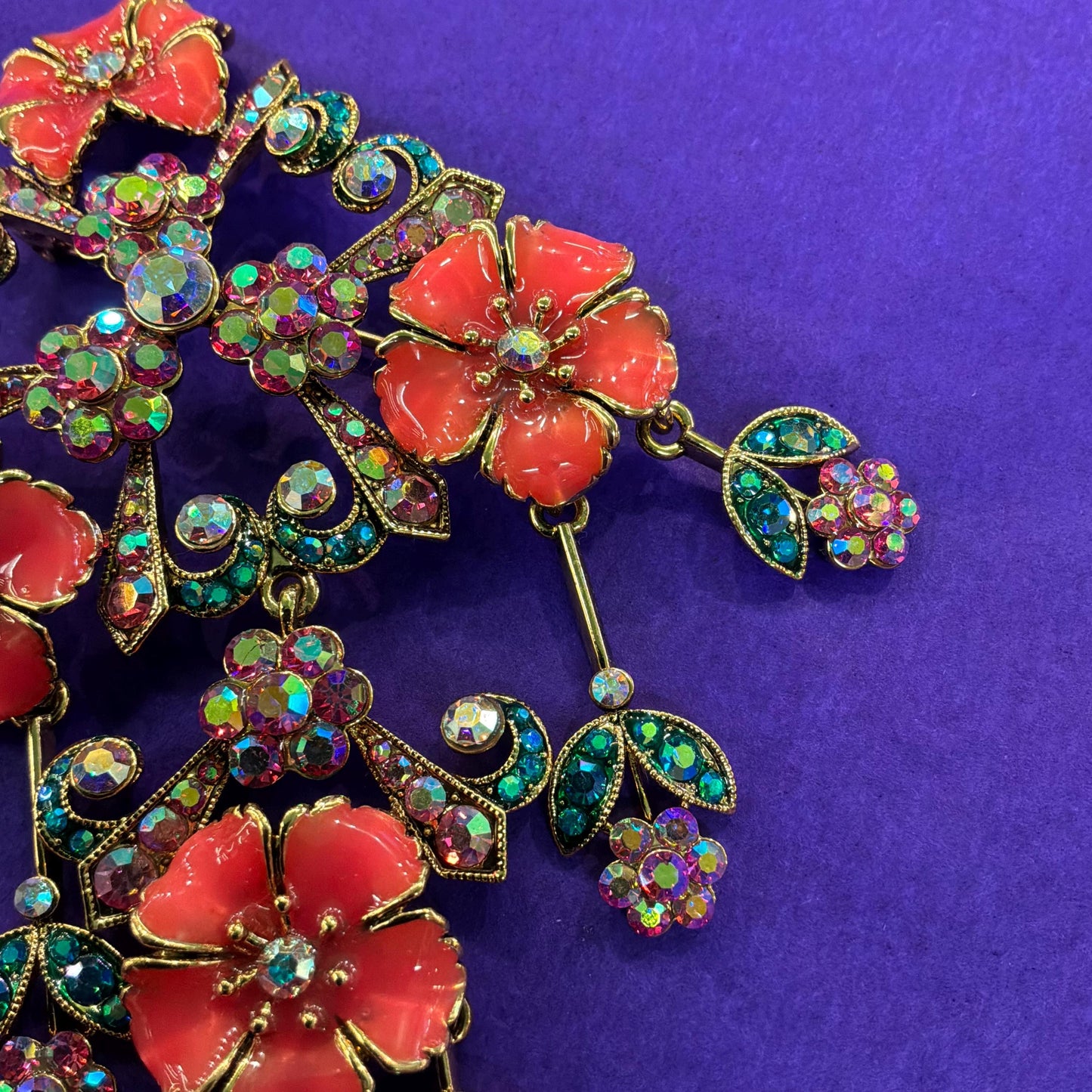 Vintage Butler and Wilson Statement Large Floral Crystal Cascade Brooch, gold tone with Coral Enamel and Borealis Pink and Jade rhinestones