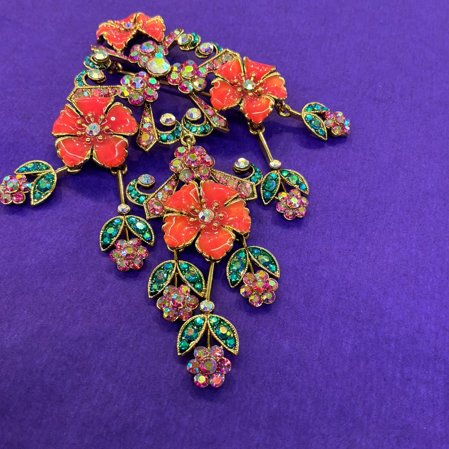 Vintage Butler and Wilson Statement Large Floral Crystal Cascade Brooch, gold tone with Coral Enamel and Borealis Pink and Jade rhinestones