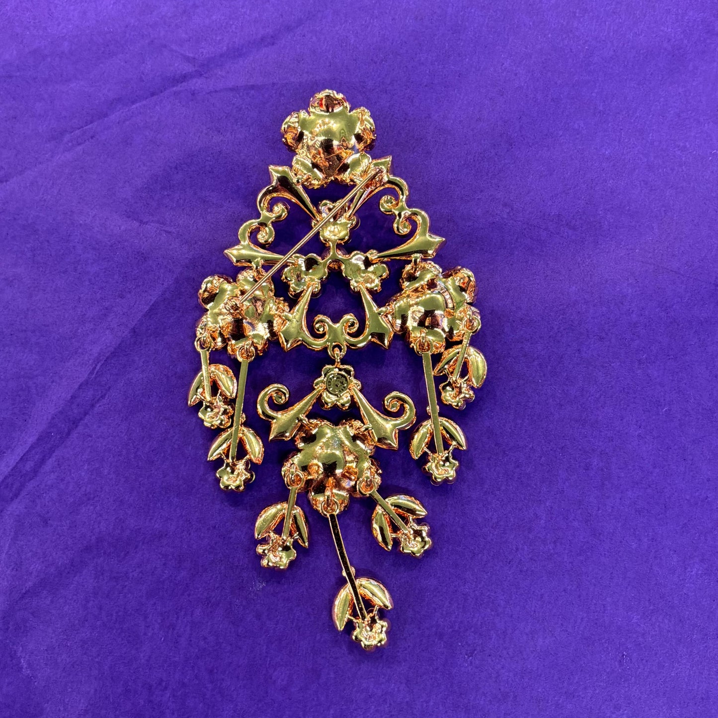 Vintage Butler and Wilson Statement Large Floral Crystal Cascade Brooch, Rose Gold tone with Borealis red and Jade rhinestones and enamel