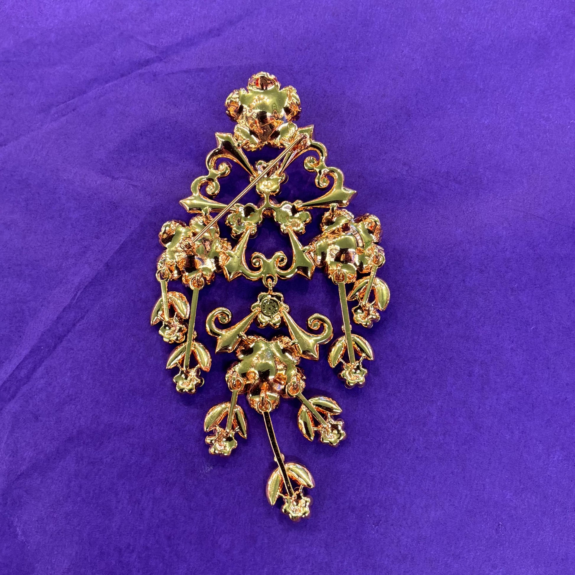 Vintage Butler and Wilson Statement Large Floral Crystal Cascade Brooch, Rose Gold tone with Borealis red and Jade rhinestones and enamel