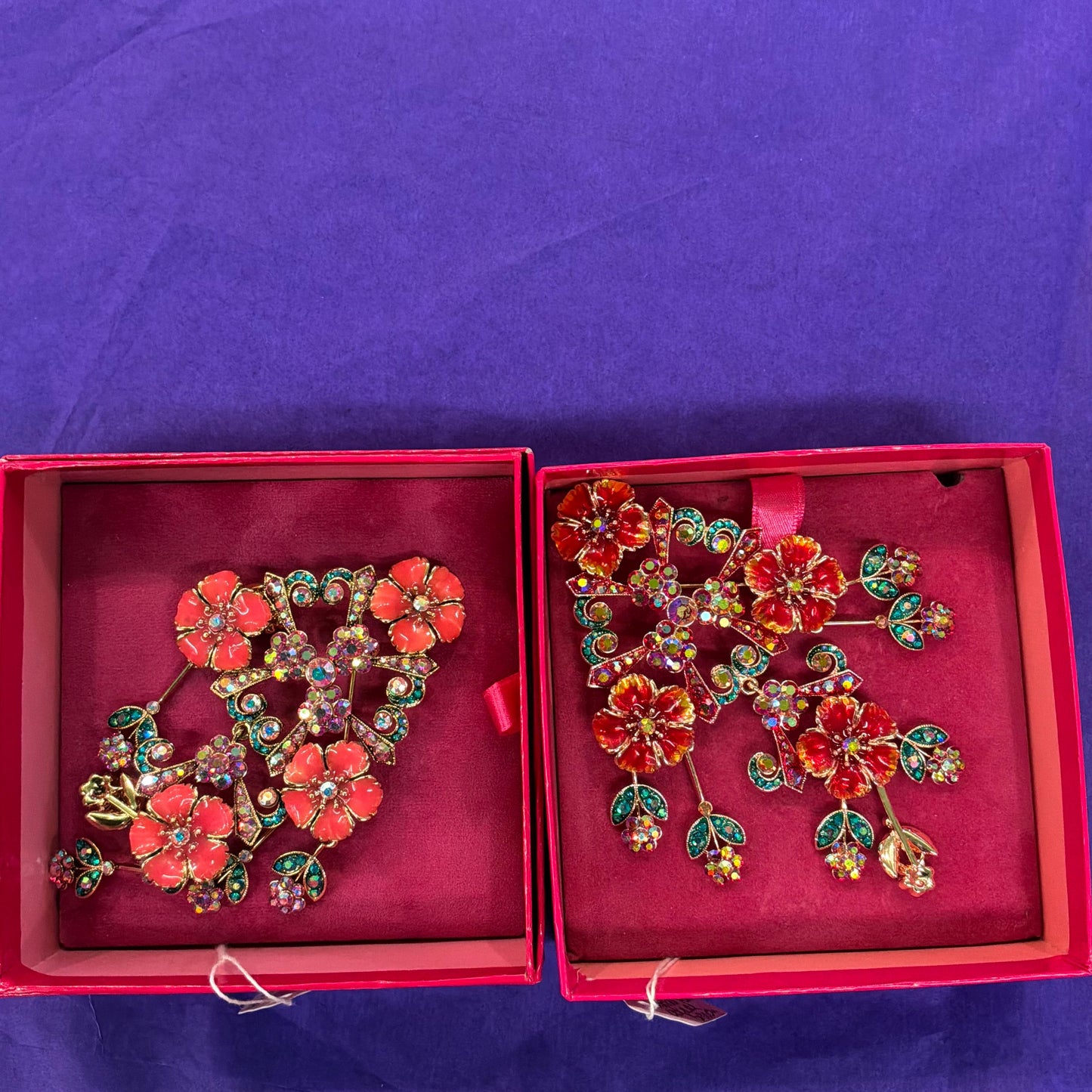Vintage Butler and Wilson Statement Large Floral Crystal Cascade Brooch, Rose Gold tone with Borealis red and Jade rhinestones and enamel