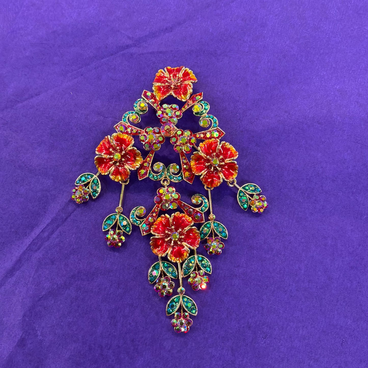 Vintage Butler and Wilson Statement Large Floral Crystal Cascade Brooch, Rose Gold tone with Borealis red and Jade rhinestones and enamel