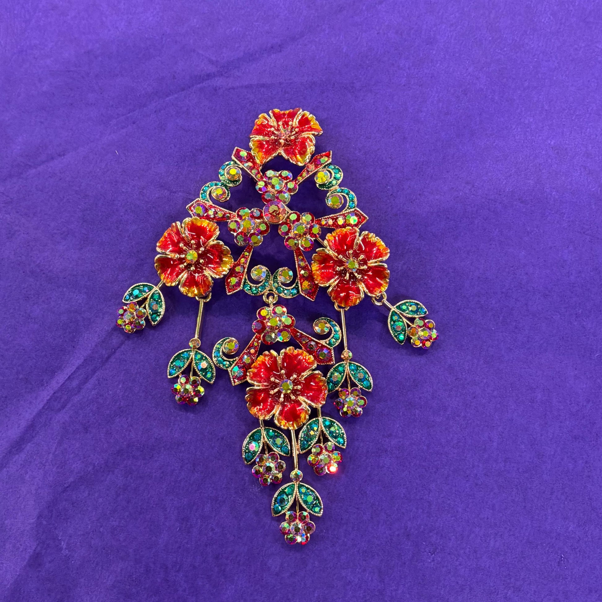 Vintage Butler and Wilson Statement Large Floral Crystal Cascade Brooch, Rose Gold tone with Borealis red and Jade rhinestones and enamel