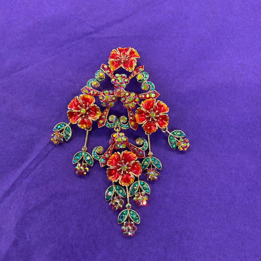 Vintage Butler and Wilson Statement Large Floral Crystal Cascade Brooch, Rose Gold tone with Borealis red and Jade rhinestones and enamel