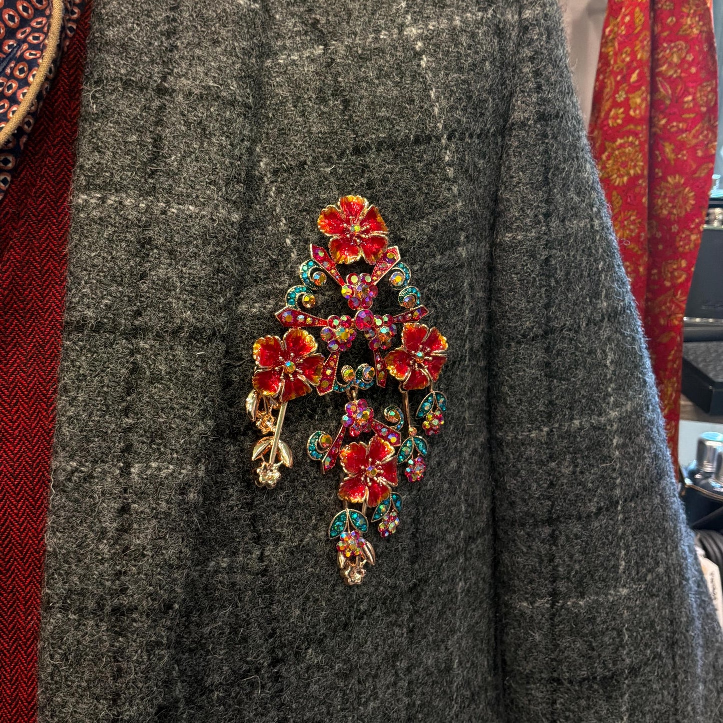 Vintage Butler and Wilson Statement Large Floral Crystal Cascade Brooch, Rose Gold tone with Borealis red and Jade rhinestones and enamel