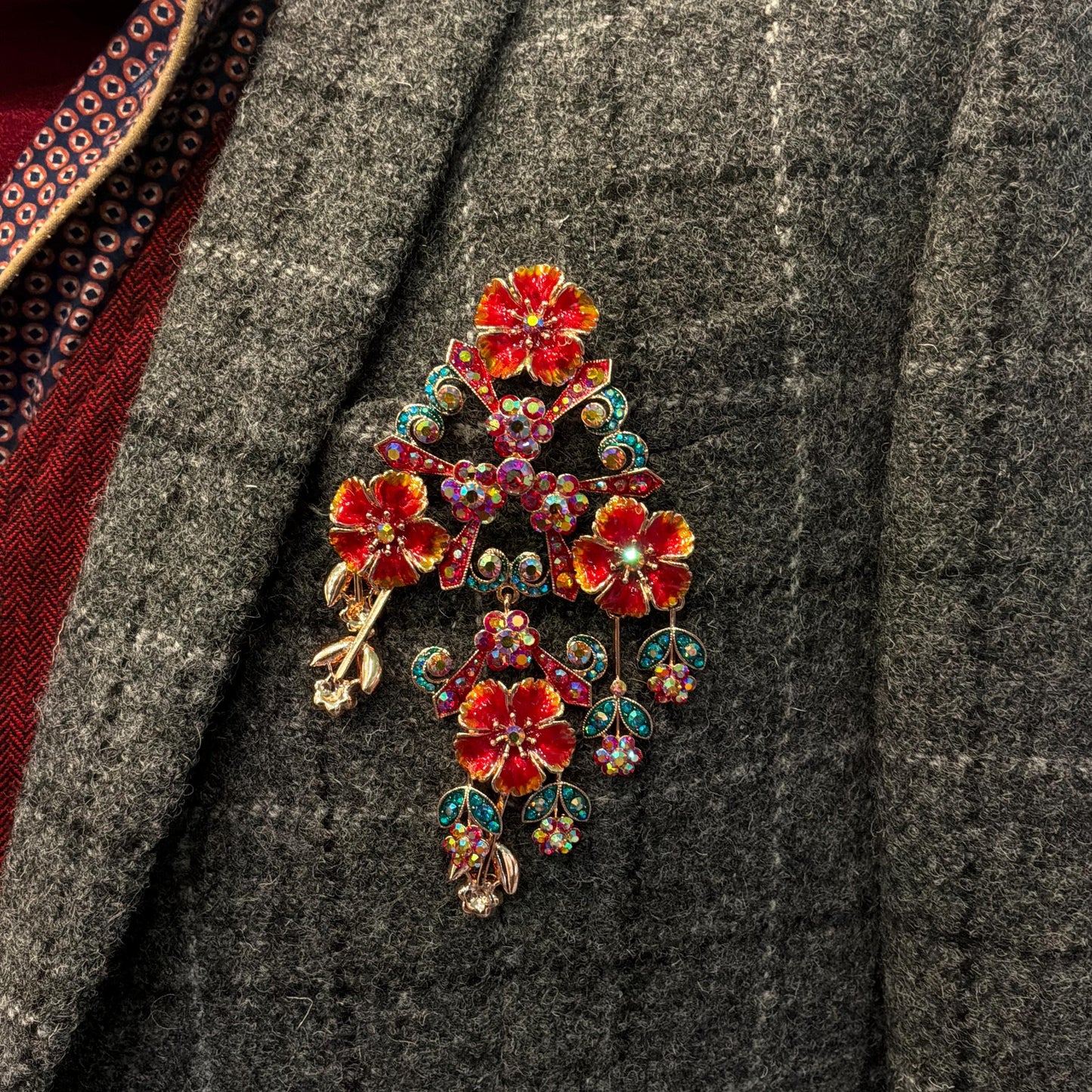 Vintage Butler and Wilson Statement Large Floral Crystal Cascade Brooch, Rose Gold tone with Borealis red and Jade rhinestones and enamel