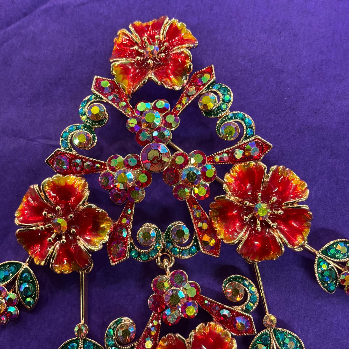 Vintage Butler and Wilson Statement Large Floral Crystal Cascade Brooch, Rose Gold tone with Borealis red and Jade rhinestones and enamel