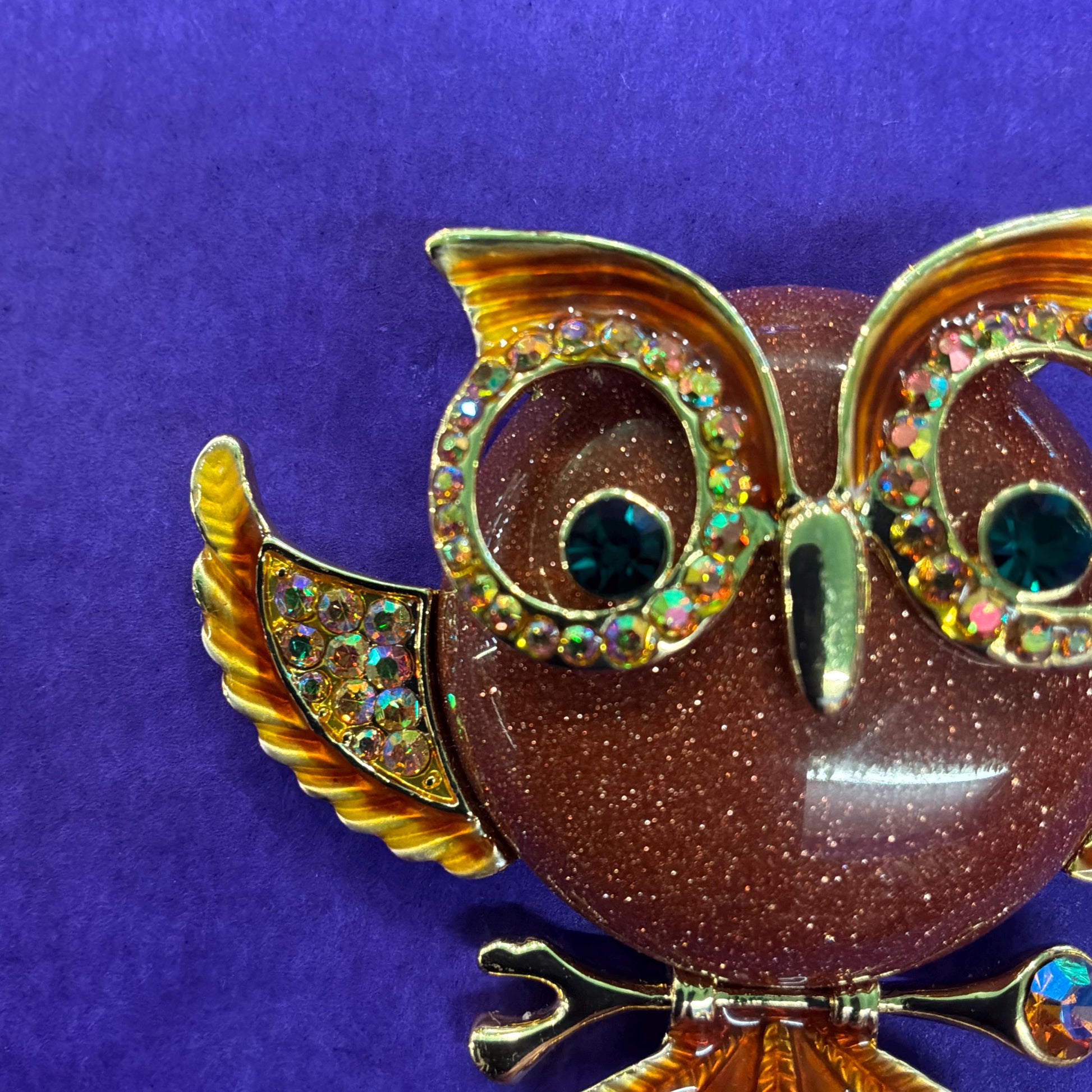 Vintage Butler and Wilson Large Crystal Owl Brooch , gold tone with enamel, crystal and rainbow rhinestones