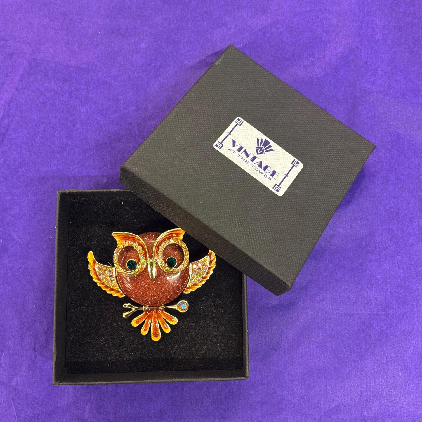 Vintage Butler and Wilson Large Crystal Owl Brooch , gold tone with enamel, crystal and rainbow rhinestones