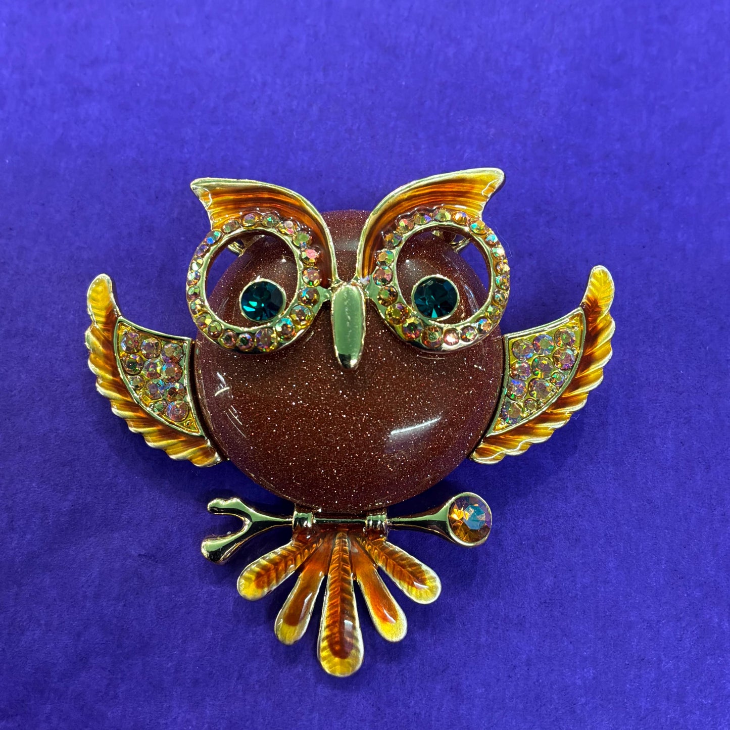 Vintage Butler and Wilson Large Crystal Owl Brooch , gold tone with enamel, crystal and rainbow rhinestones