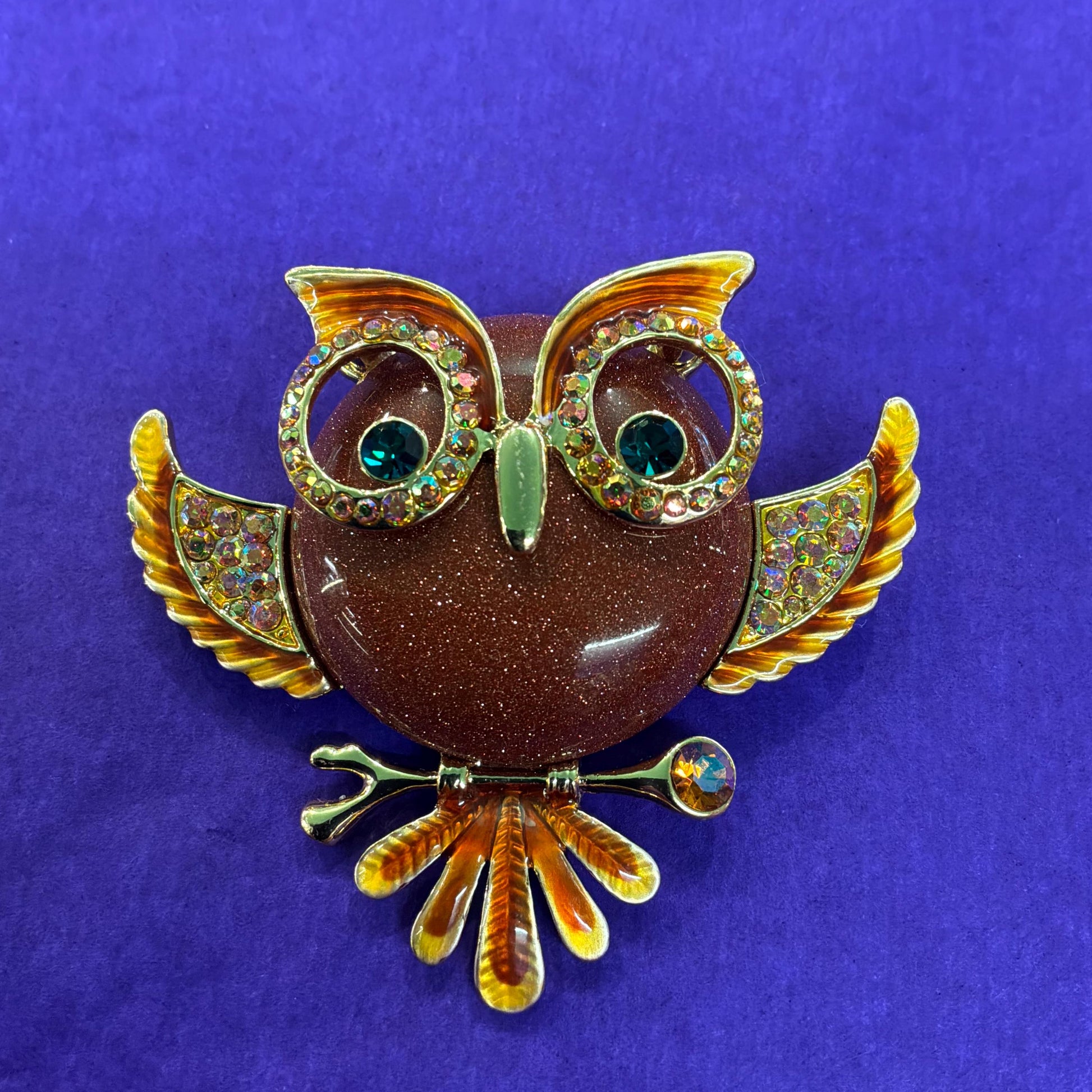 Vintage Butler and Wilson Large Crystal Owl Brooch , gold tone with enamel, crystal and rainbow rhinestones