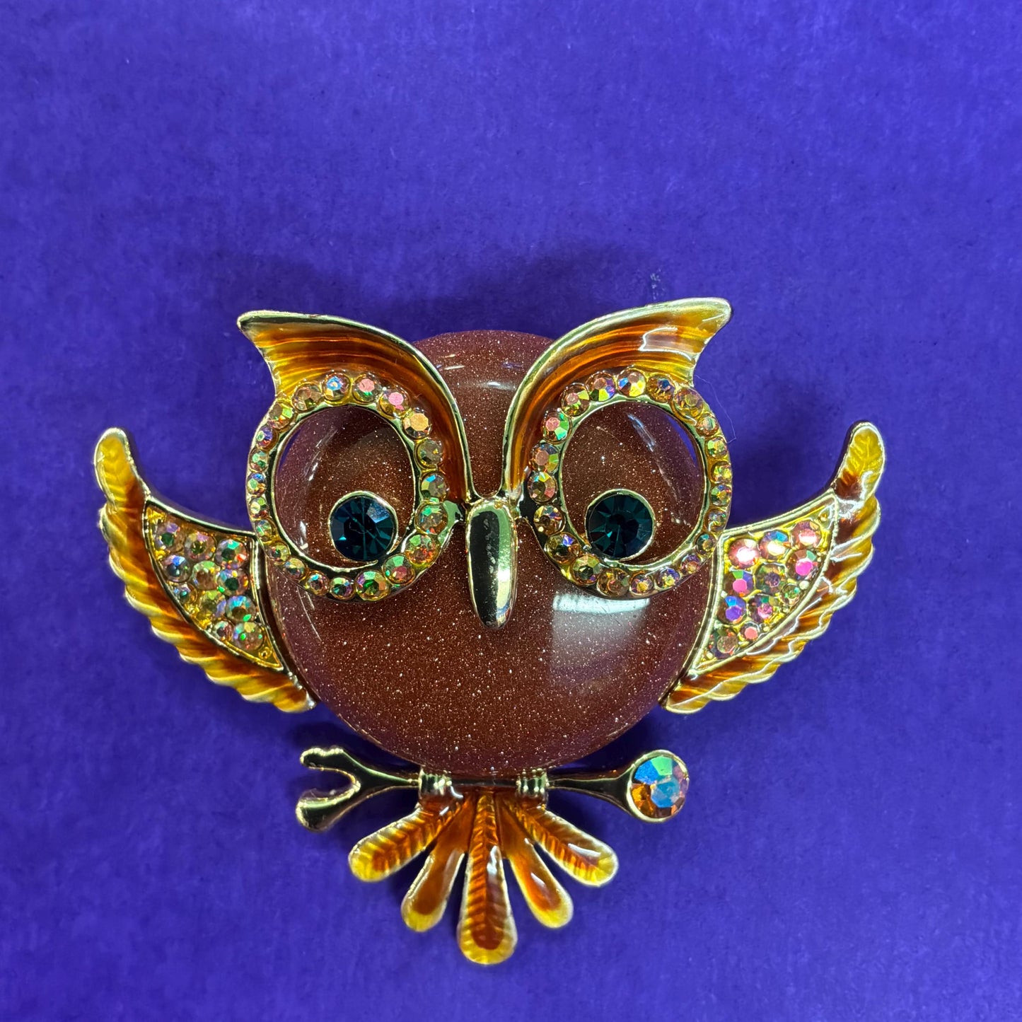 Vintage Butler and Wilson Large Crystal Owl Brooch , gold tone with enamel, crystal and rainbow rhinestones