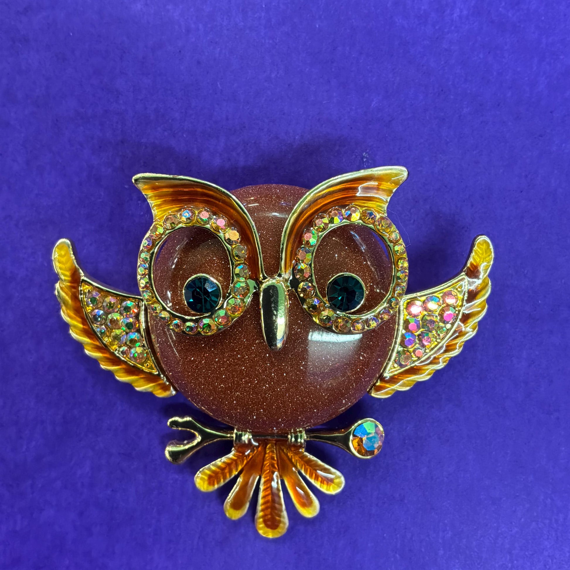 Vintage Butler and Wilson Large Crystal Owl Brooch , gold tone with enamel, crystal and rainbow rhinestones