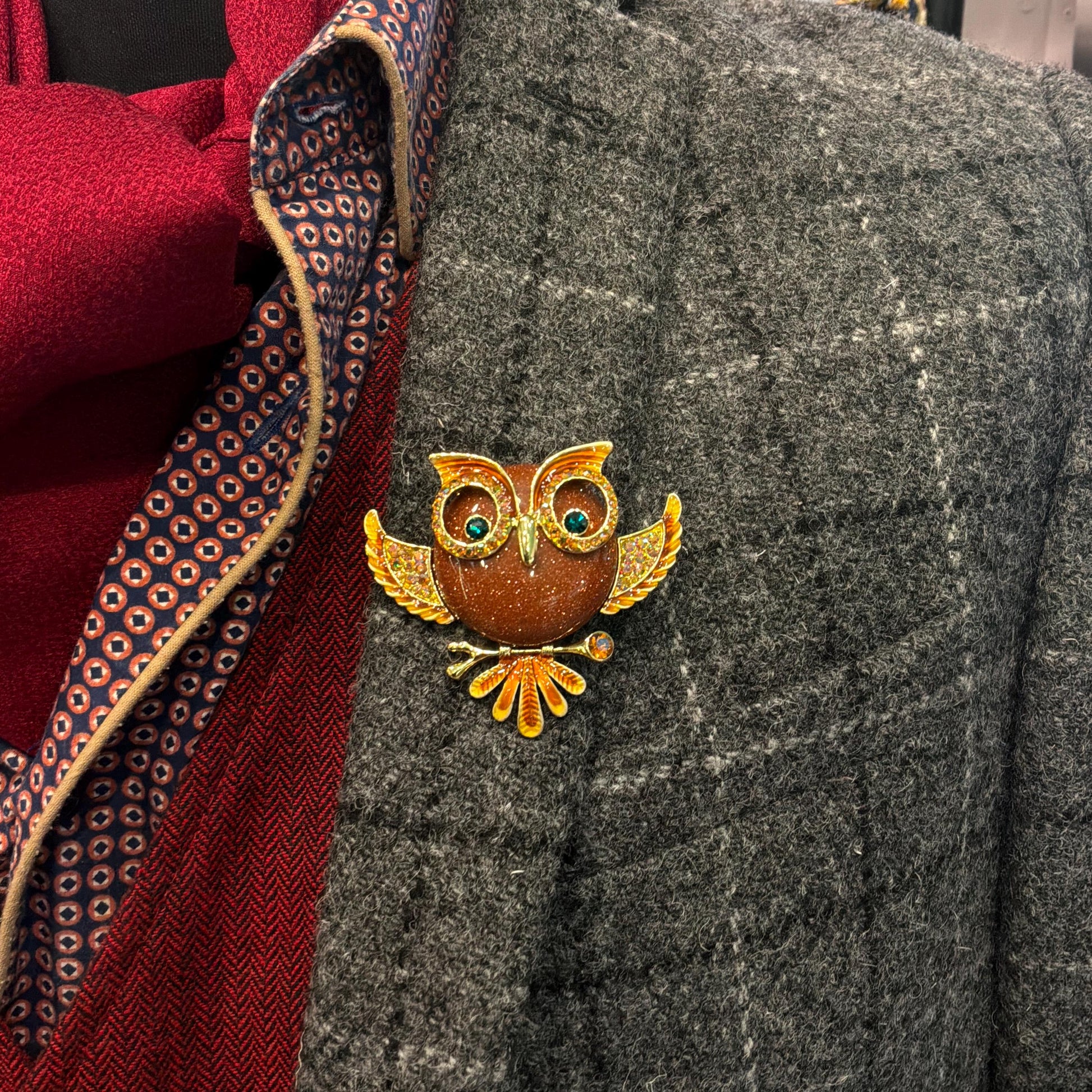 Vintage Butler and Wilson Large Crystal Owl Brooch , gold tone with enamel, crystal and rainbow rhinestones