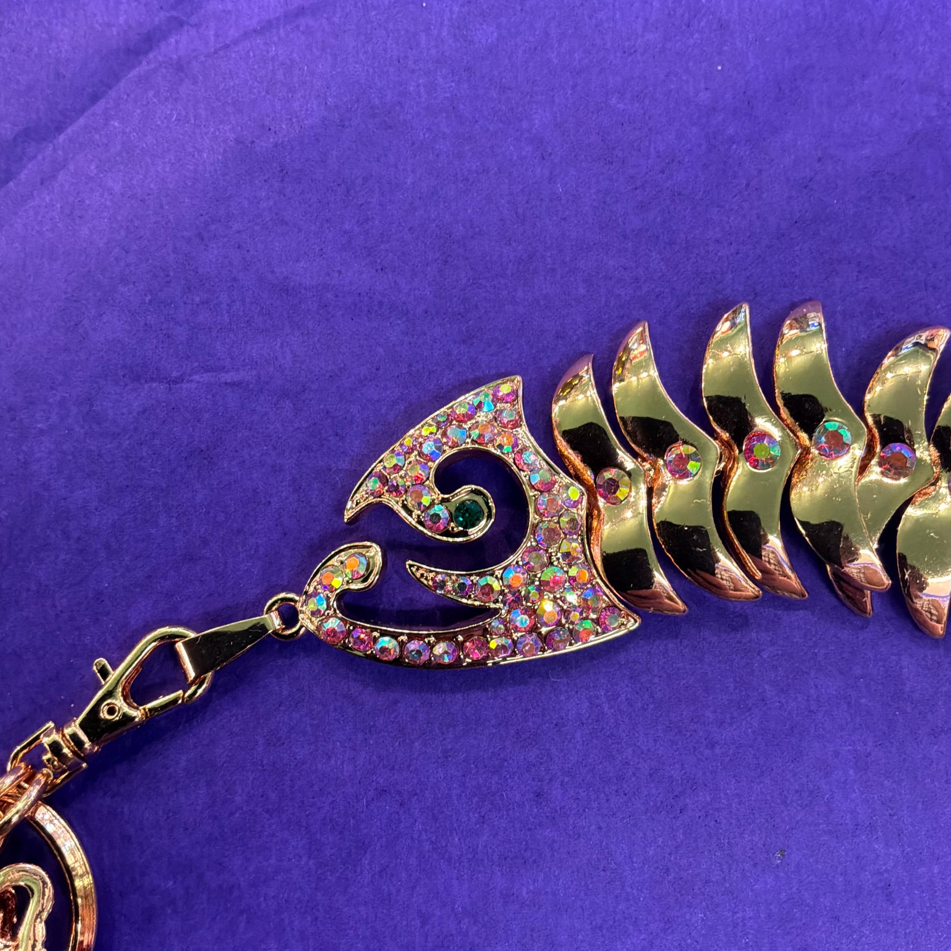 Vintage Butler and Wilson Rose Gold Crystal Fish Handbag Charm/ Keychain, articulated rose gold tone fish with pink borealis Rhinestones