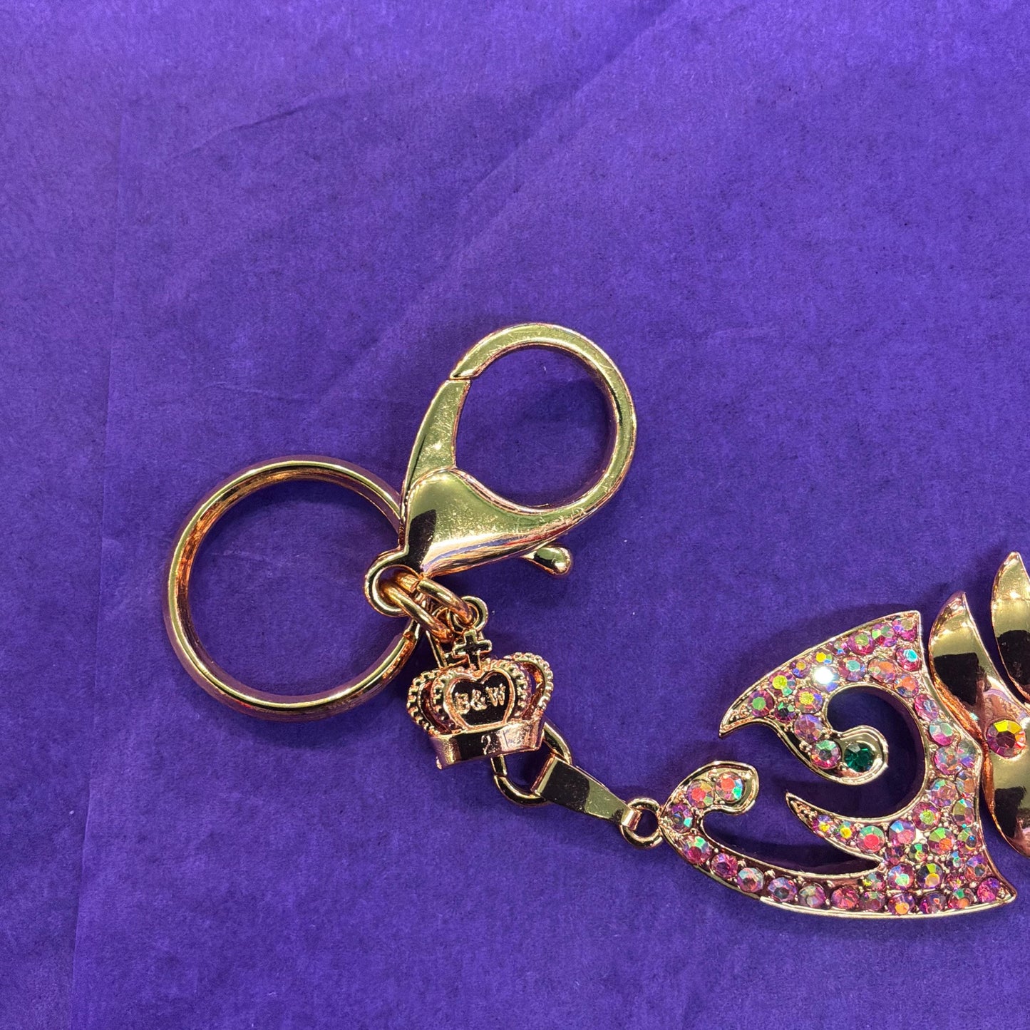 Vintage Butler and Wilson Rose Gold Crystal Fish Handbag Charm/ Keychain, articulated rose gold tone fish with pink borealis Rhinestones