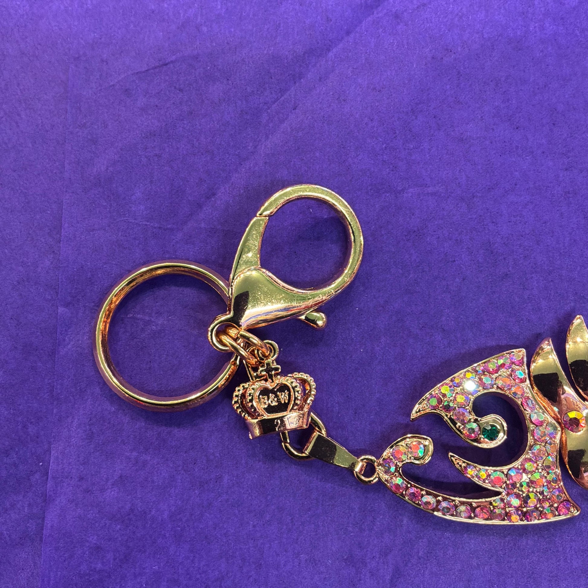 Vintage Butler and Wilson Rose Gold Crystal Fish Handbag Charm/ Keychain, articulated rose gold tone fish with pink borealis Rhinestones