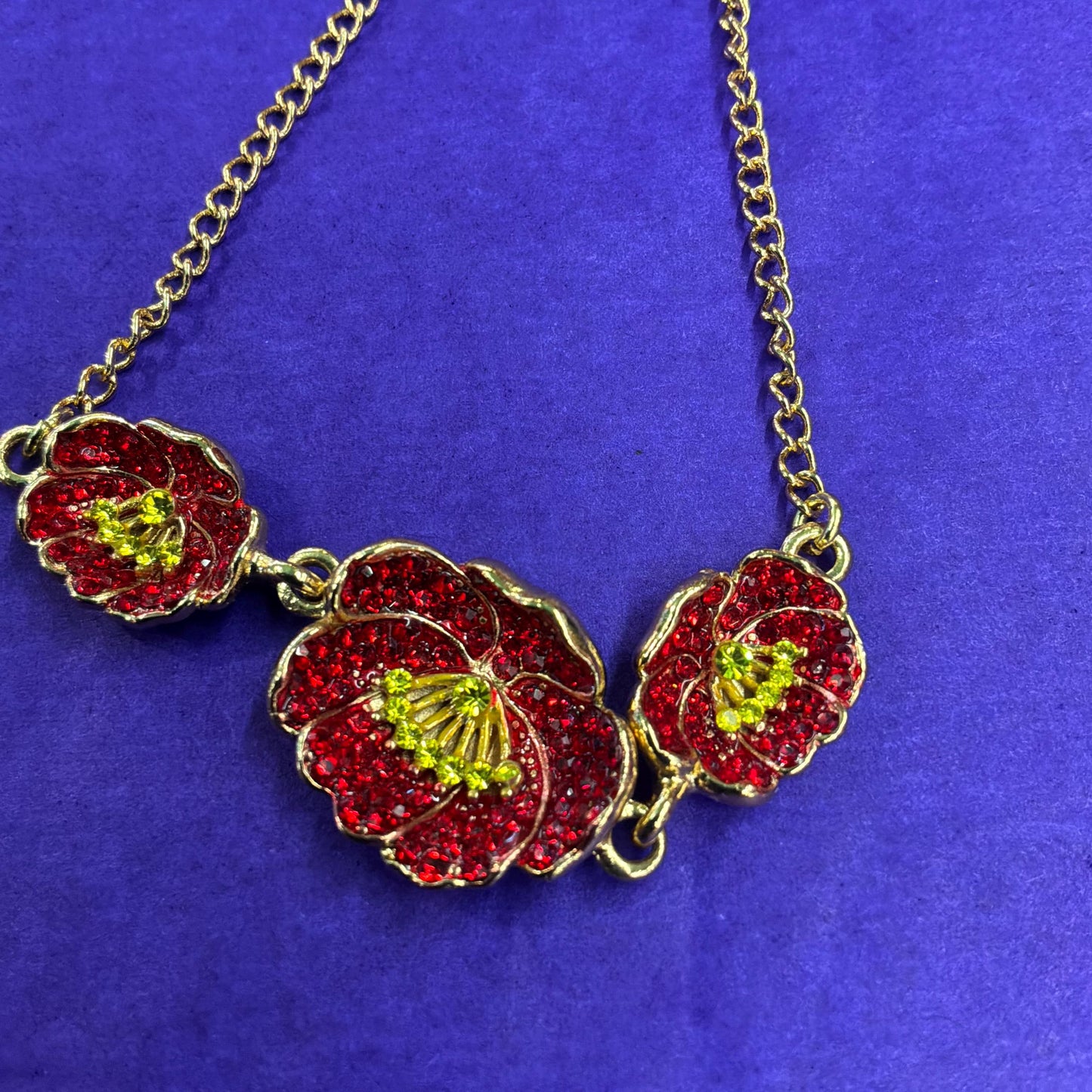 Vintage Butler and Wilson Red Poppy Crystal Chain Bracelet , Gold tone with Red enamel and gold rhinestones