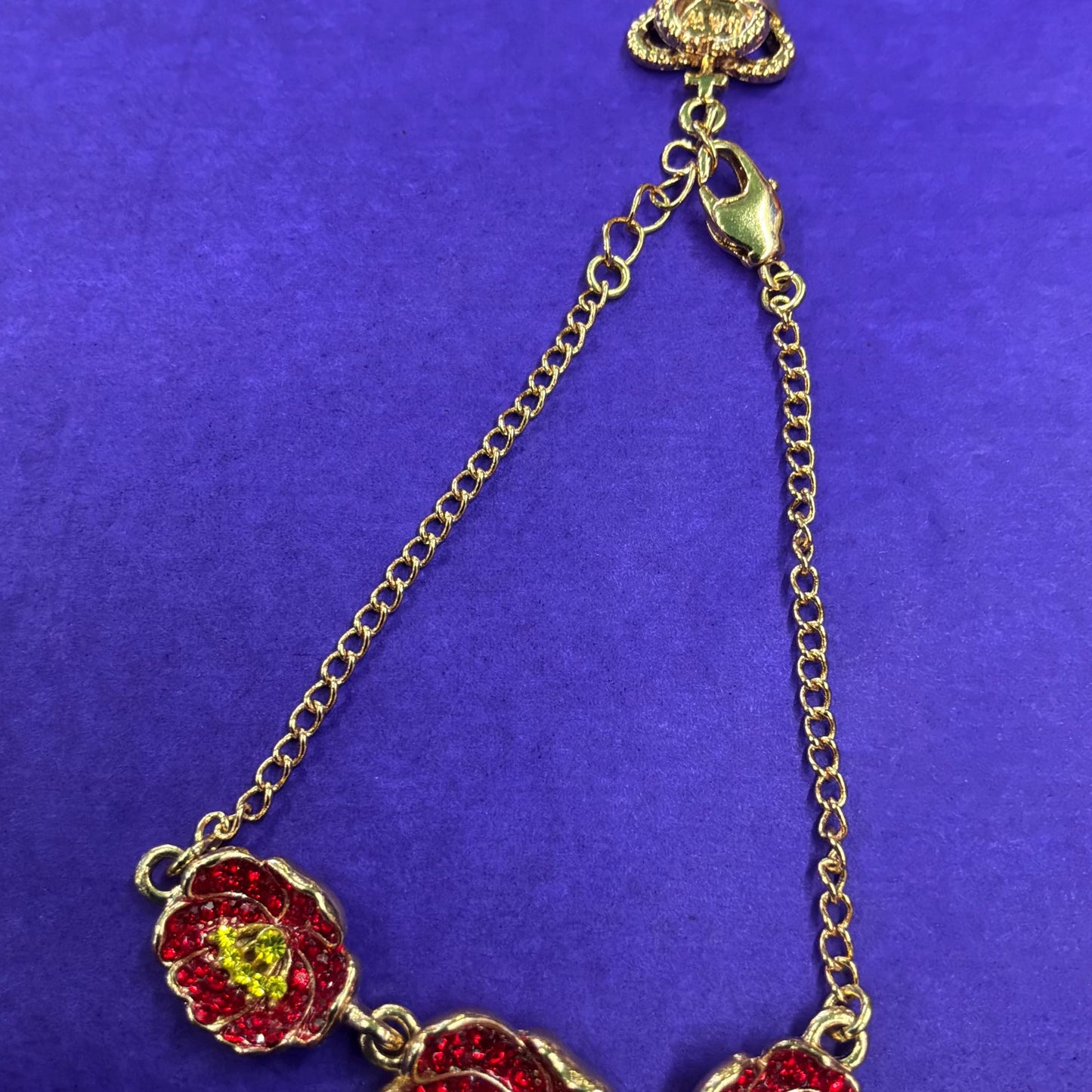 Vintage Butler and Wilson Red Poppy Crystal Chain Bracelet , Gold tone with Red enamel and gold rhinestones