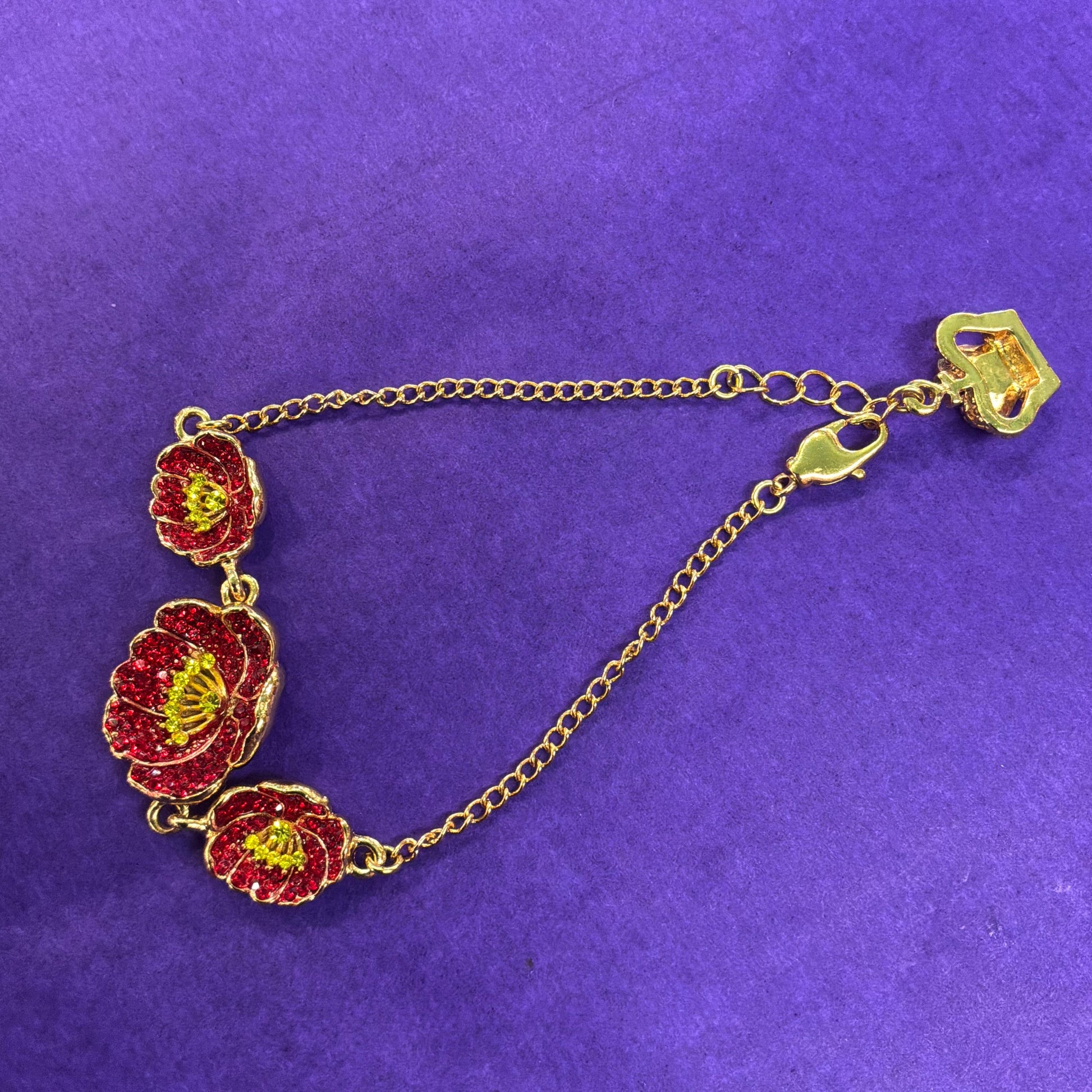 Vintage Butler and Wilson Red Poppy Crystal Chain Bracelet , Gold tone with Red enamel and gold rhinestones