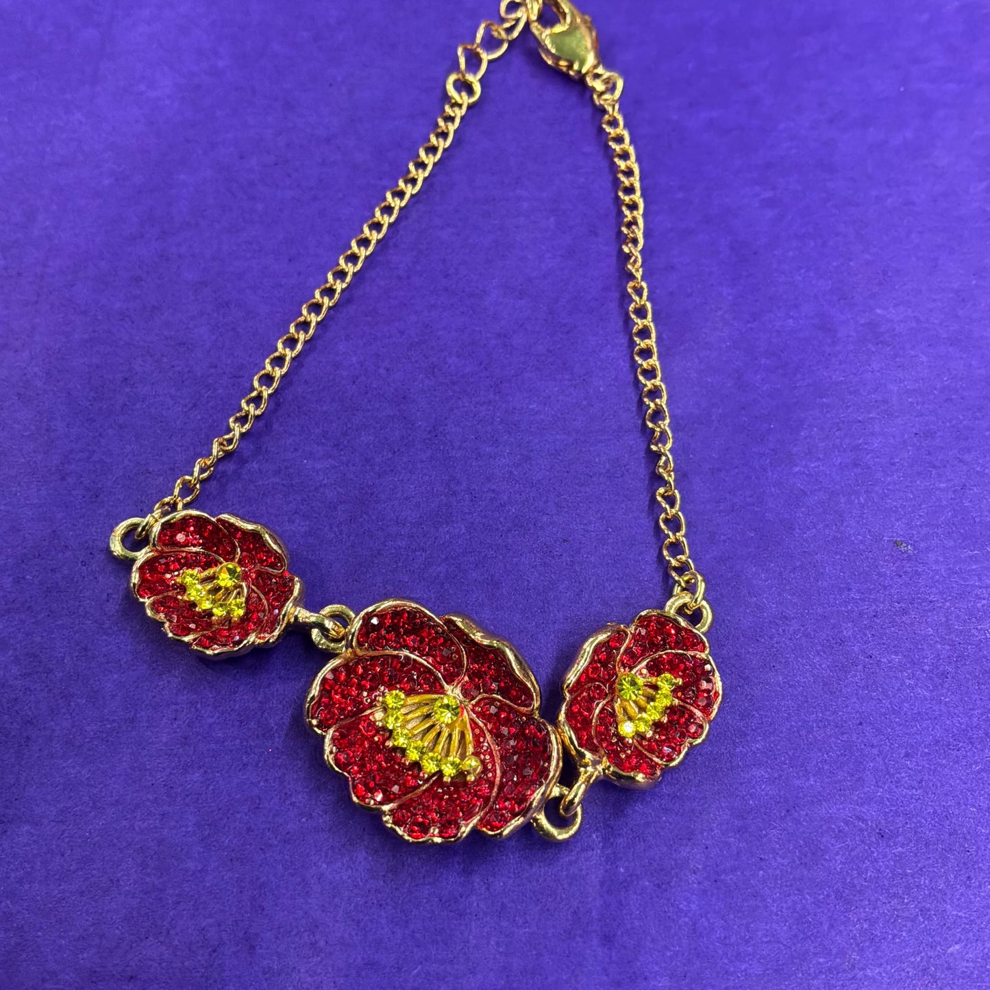 Vintage Butler and Wilson Red Poppy Crystal Chain Bracelet , Gold tone with Red enamel and gold rhinestones