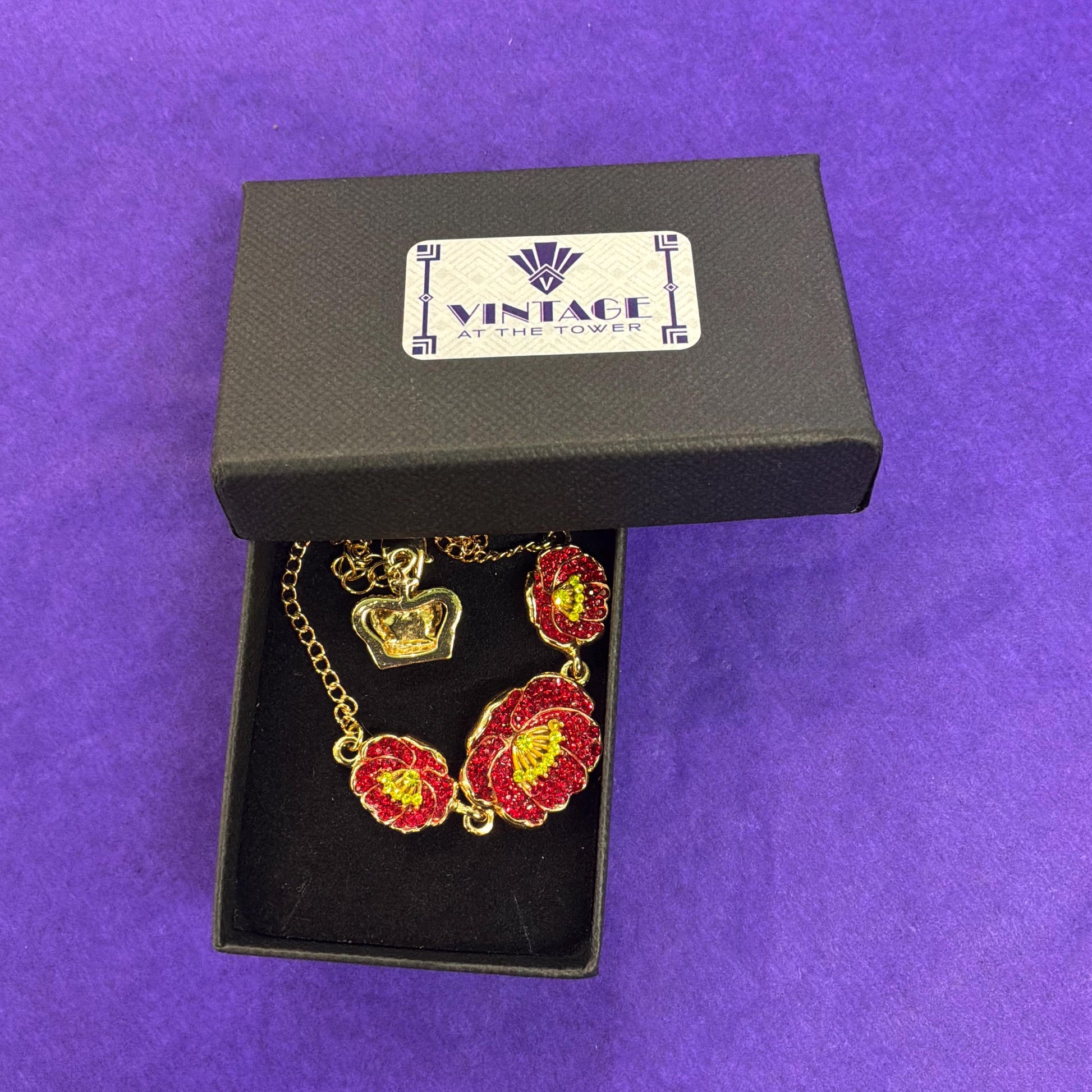 Vintage Butler and Wilson Red Poppy Crystal Chain Bracelet , Gold tone with Red enamel and gold rhinestones