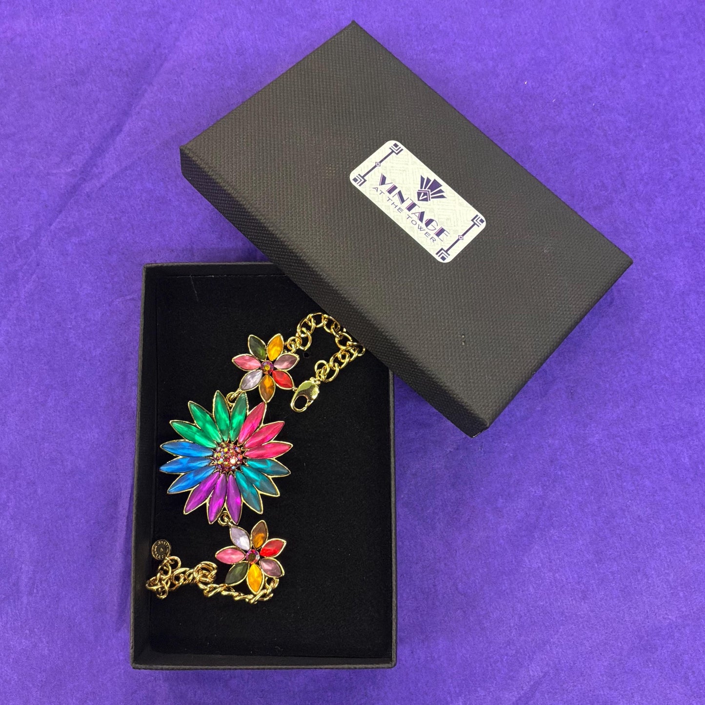 Vintage Butler and Wilson Rainbow Crystal Gerberra Bracelet, Gold tone with multicolored marquise cut crystals and rhinestones