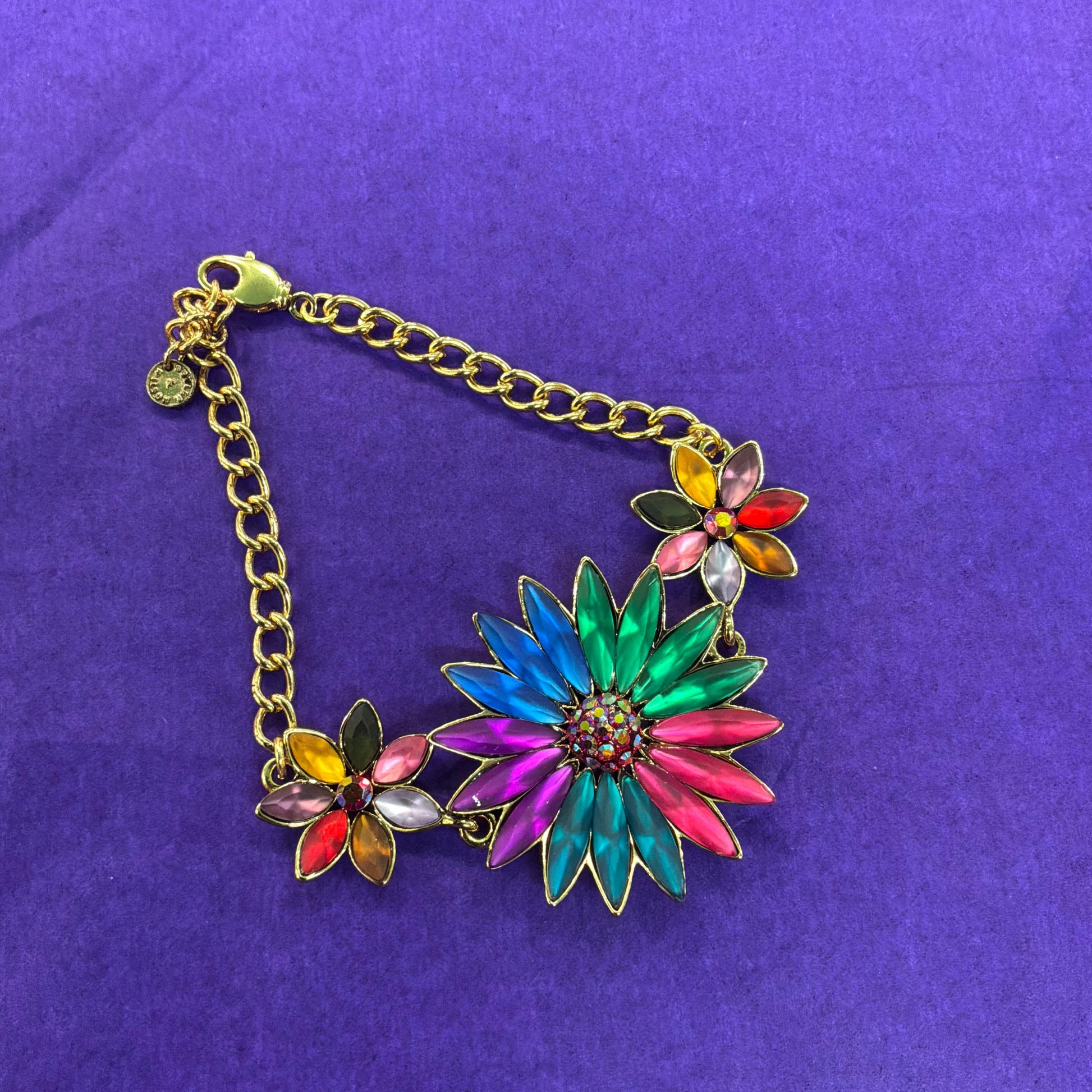 Vintage Butler and Wilson Rainbow Crystal Gerberra Bracelet, Gold tone with multicolored marquise cut crystals and rhinestones