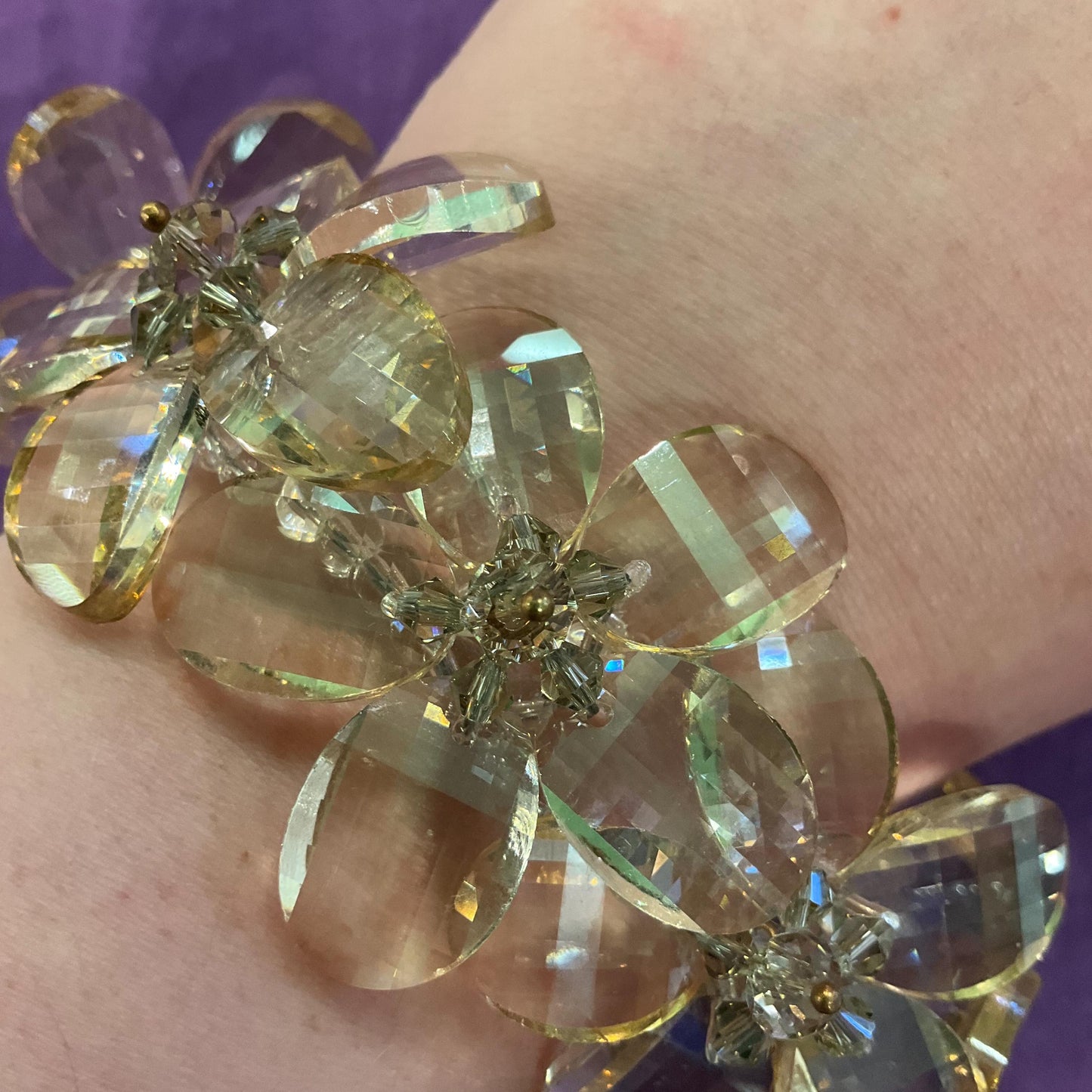 Vintage Butler and Wilson Champange/ Pale Gold Statement Floral Crystal Bracelet , Chequerboard cut Crystal
