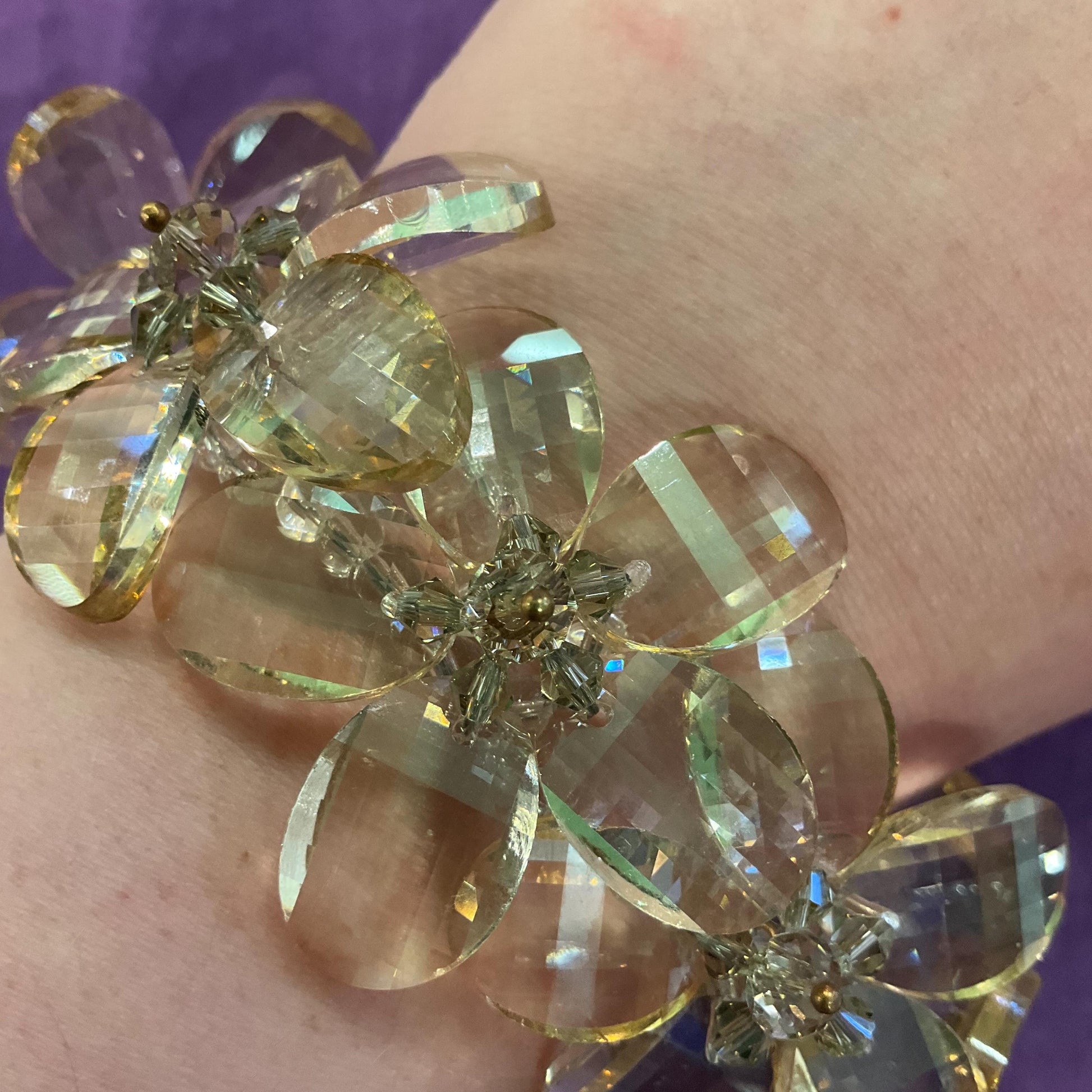 Vintage Butler and Wilson Champange/ Pale Gold Statement Floral Crystal Bracelet , Chequerboard cut Crystal